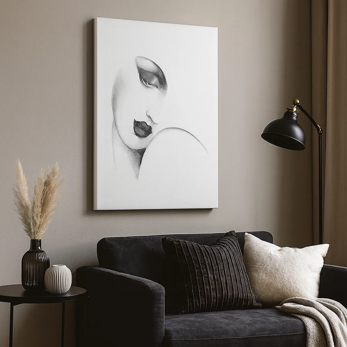 Quadro su tela - Stampe su Tela - Un sottile ritratto di una donna in stile monocromatico - 50x70cm - Nello stile di Lempicka - Decorazione murale moderna per soggiorno e camera da letto ARTTOR