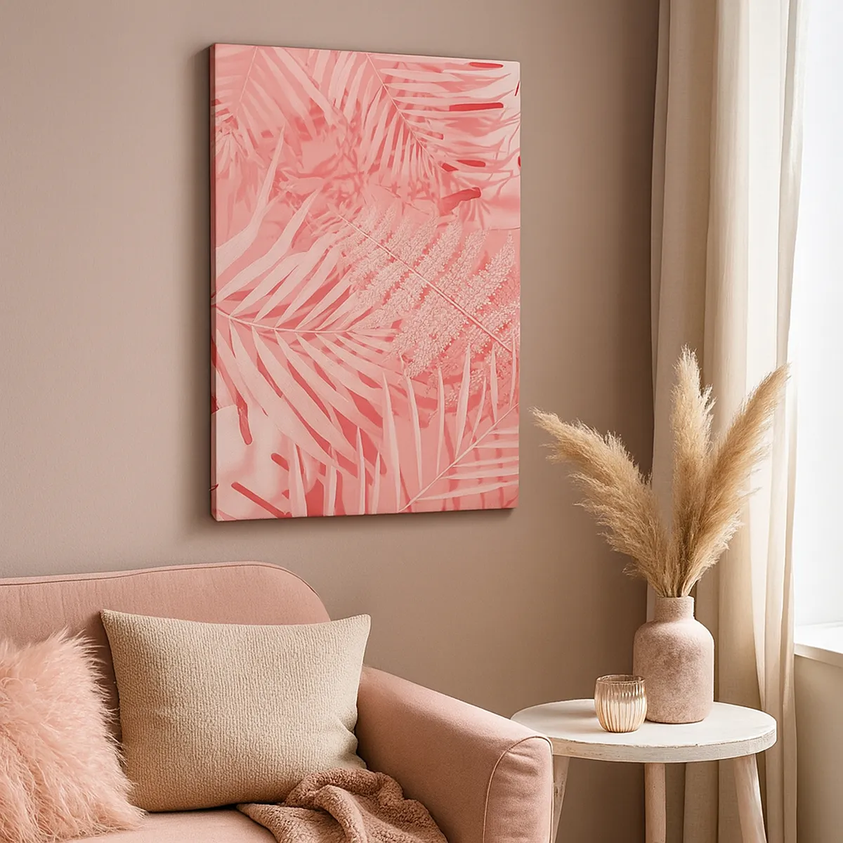 Quadro su tela - Stampe su Tela - Foglie tropicali rosa in uno stile delicato e minimalista - 50x70cm - Concetto rosa - Decorazione murale moderna per soggiorno e camera da letto ARTTOR