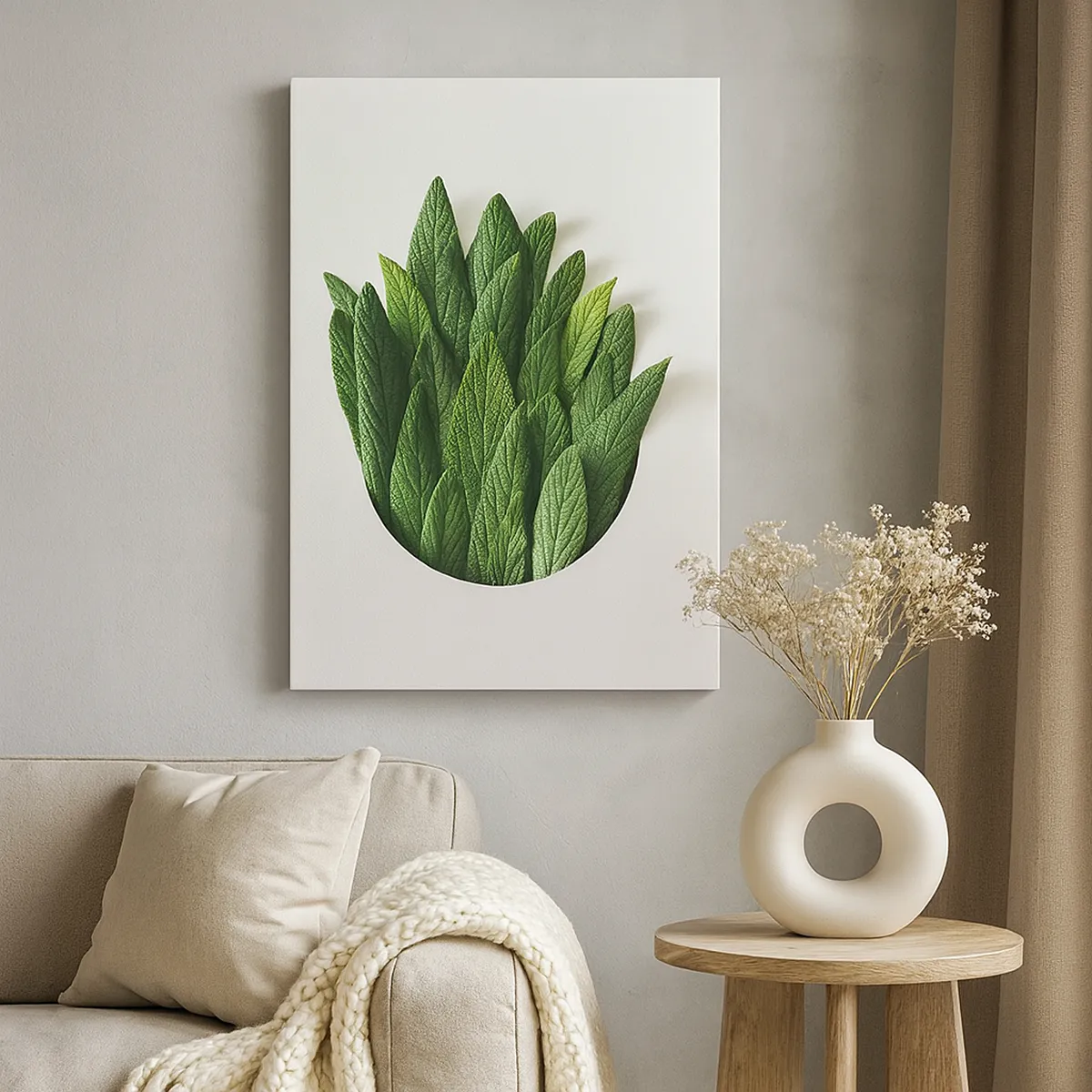 Obraz na płótnie - Kompozycja zielonych liści na jasnym tle - 70x100cm - Nieposkromiona ciekawość - Nowoczesna dekoracja ścienna do salonu i sypialni ARTTOR