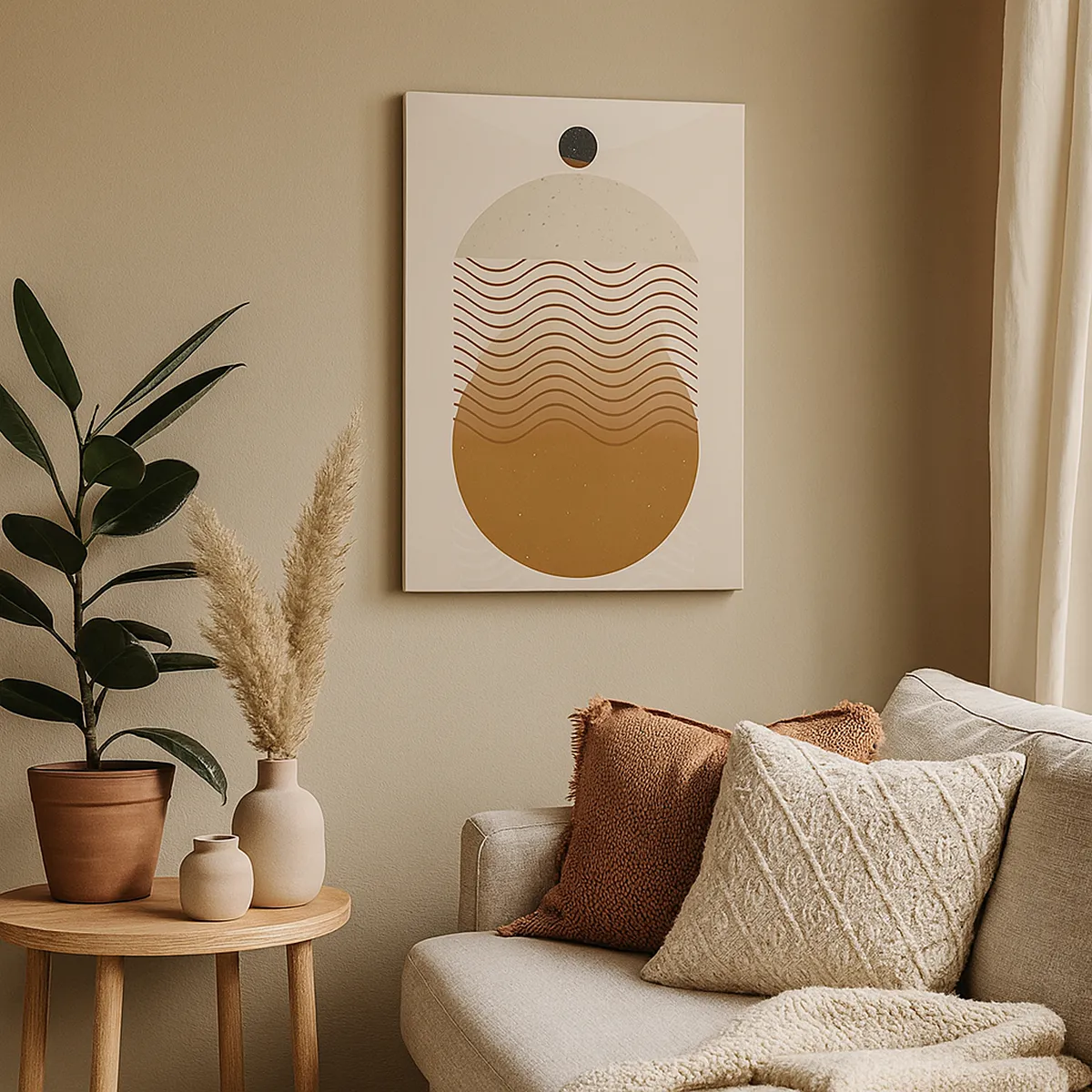 Quadro su tela - Stampe su Tela - Astrazione geometrica con cerchi e linee ondulate in colori caldi. - 70x100cm - Sull'origine delle figure geometriche - Decorazione murale moderna per soggiorno e camera da letto ARTTOR