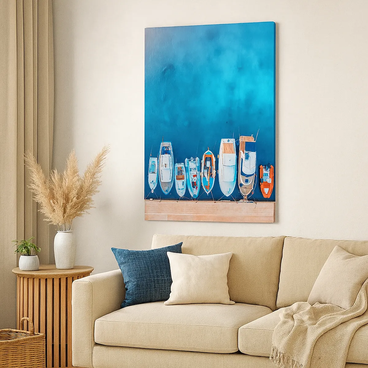 Impression sur toile - Image sur toile - Bateaux amarrés au rivage contre l'eau bleue - 50x70cm - En une seule fois - Décoration murale moderne pour le salon et la chambre ARTTOR