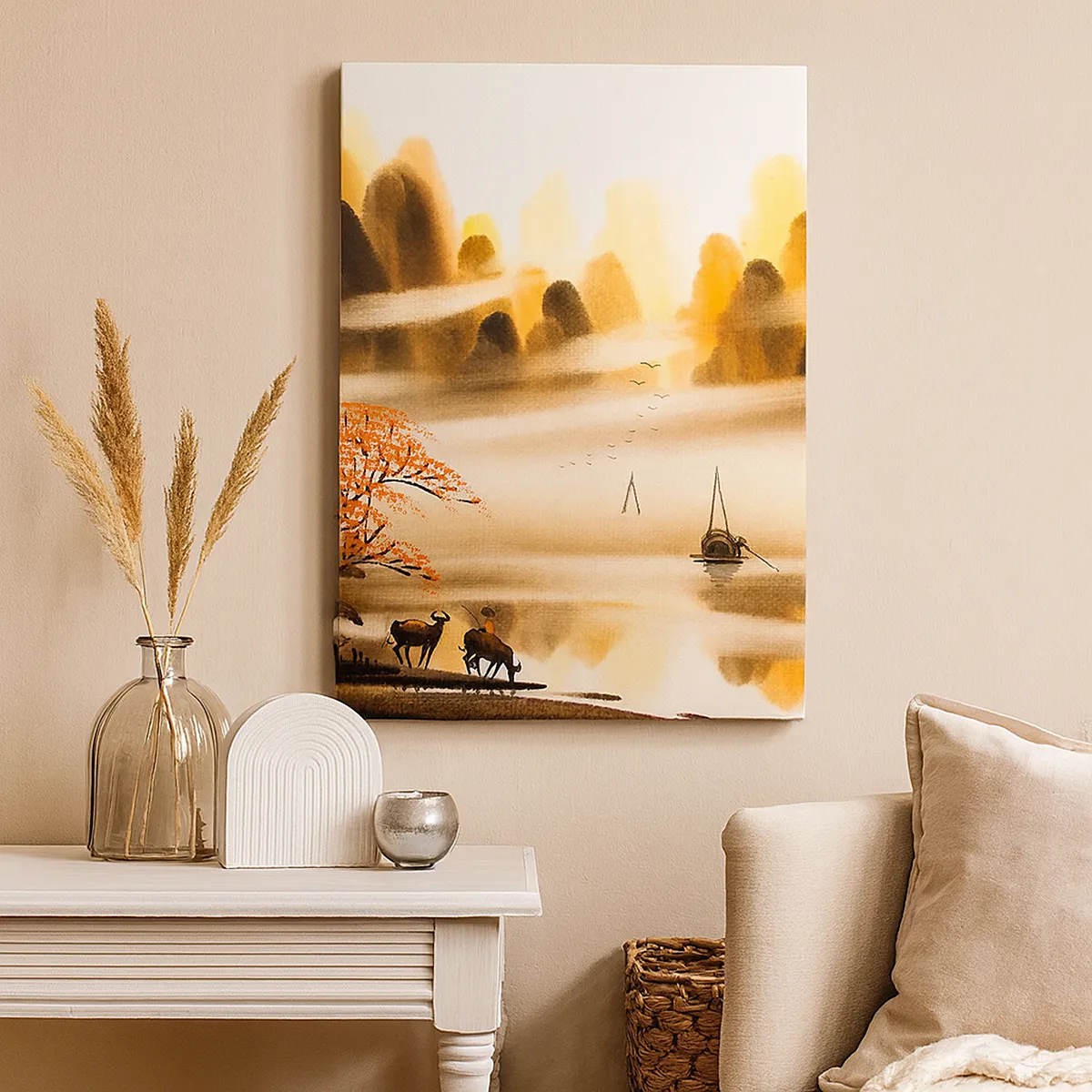 Impression sur toile - Image sur toile - Un paysage oriental avec une rivière, des montagnes et un doux brouillard. - 70x100cm - Plus loin que l'Extrême-Orient - Décoration murale moderne pour le salon et la chambre ARTTOR