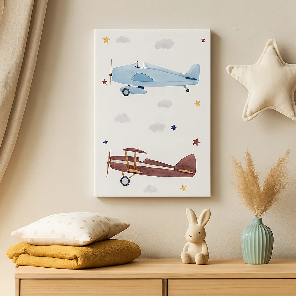 Impression sur toile - Image sur toile - Avions peints à la main sur fond de nuages et d'étoiles - 50x70cm - Monsieur le pilote, nous vous attendons ! - Décoration murale moderne pour le salon et la chambre ARTTOR