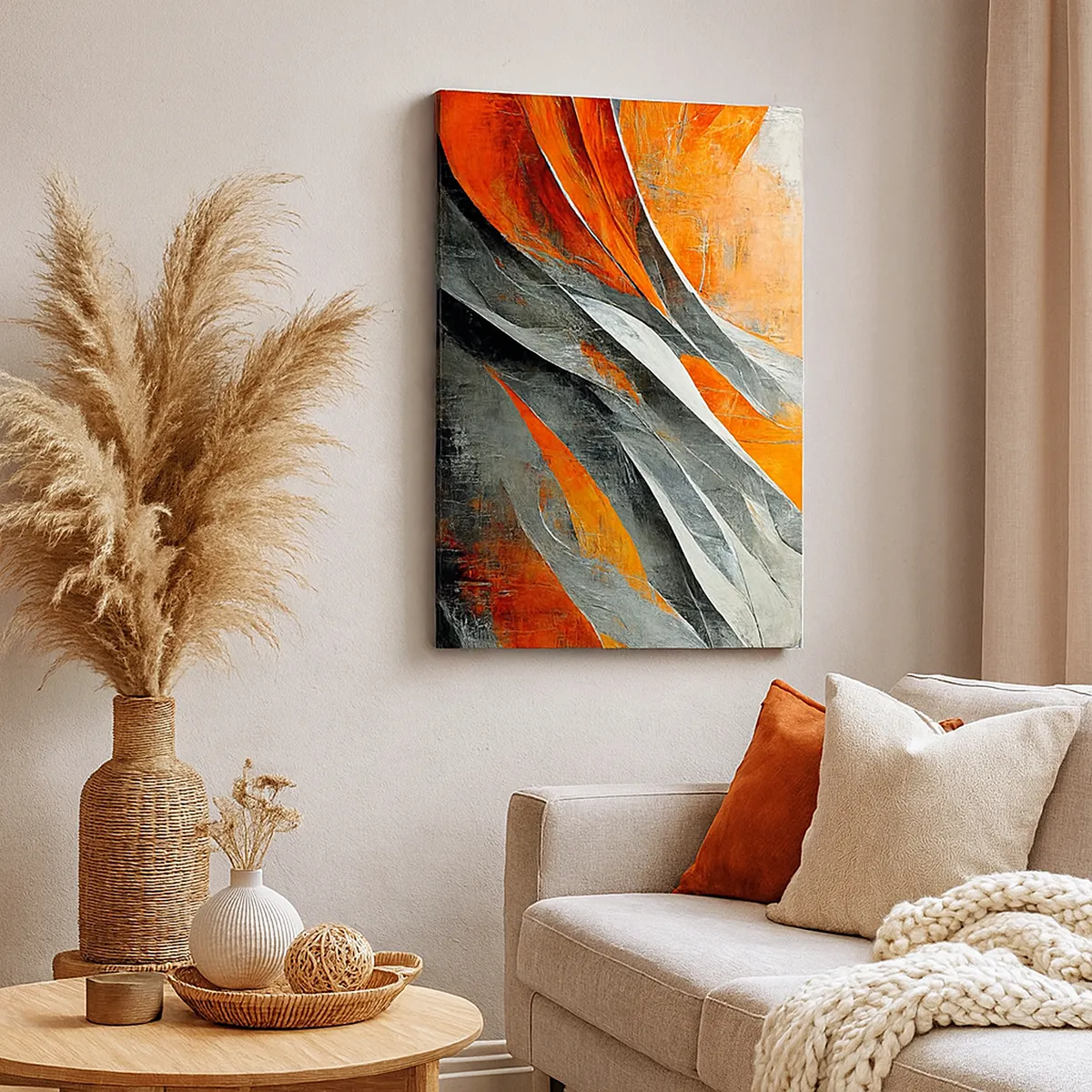 Impression sur toile - Image sur toile - Lignes abstraites dans les tons orange et gris - 50x70cm - Chaleur et froid - Décoration murale moderne pour le salon et la chambre ARTTOR