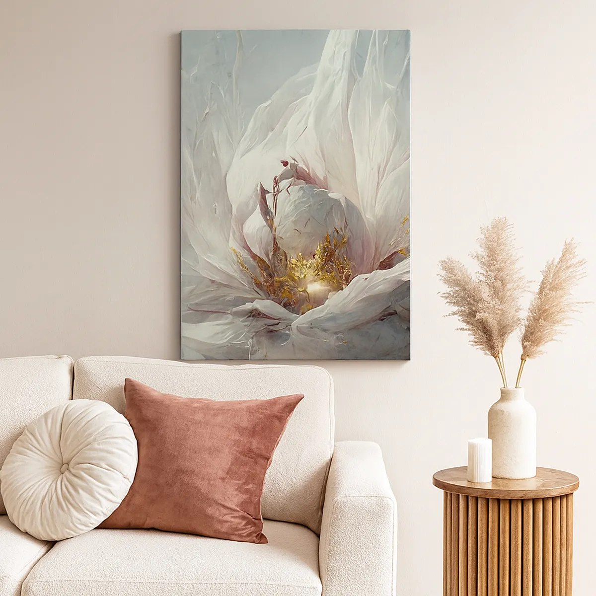 Obraz na płótnie - Delikatny biały kwiat z subtelnymi złotymi akcentami - 70x100cm - Rozkwita raz na sto lat - Nowoczesna dekoracja ścienna do salonu i sypialni ARTTOR