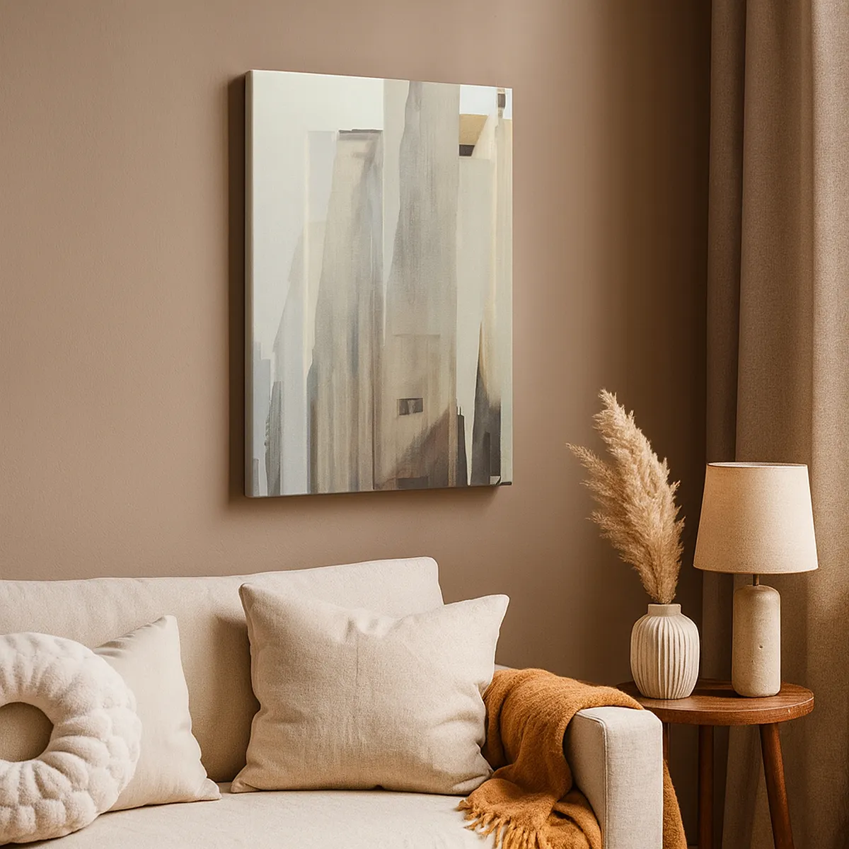 Obraz na płótnie - Abstrakcyjny krajobraz miasta w pastelowych odcieniach - 80x120cm - Sen o mieście - Nowoczesna dekoracja ścienna do salonu i sypialni ARTTOR