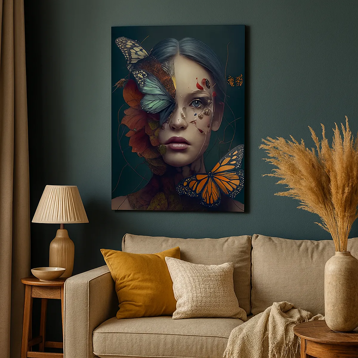 Impression sur toile - Image sur toile - Portrait d'une femme avec des papillons et des éléments végétaux - 80x120cm - Une merveilleuse métamorphose - Décoration murale moderne pour le salon et la chambre ARTTOR