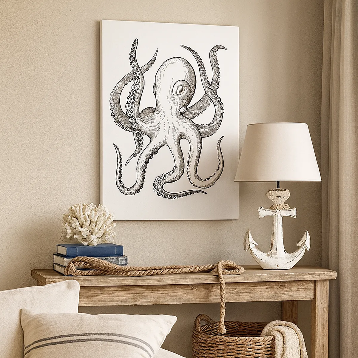 Impression sur toile - Image sur toile - Dessin noir et blanc d'une pieuvre sur fond blanc dans un style vintage - 80x120cm - Dansant avec les vagues - Décoration murale moderne pour le salon et la chambre ARTTOR