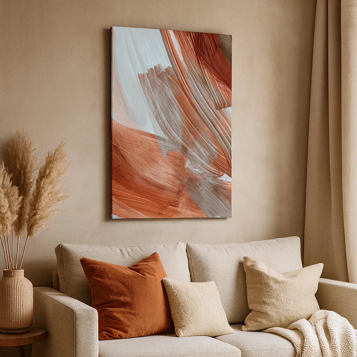 Impression sur toile - Image sur toile - Coups de pinceau abstraits dans des tons de cuivre et de gris - 80x120cm - Abstraction venteuse et automnale - Décoration murale moderne pour le salon et la chambre ARTTOR