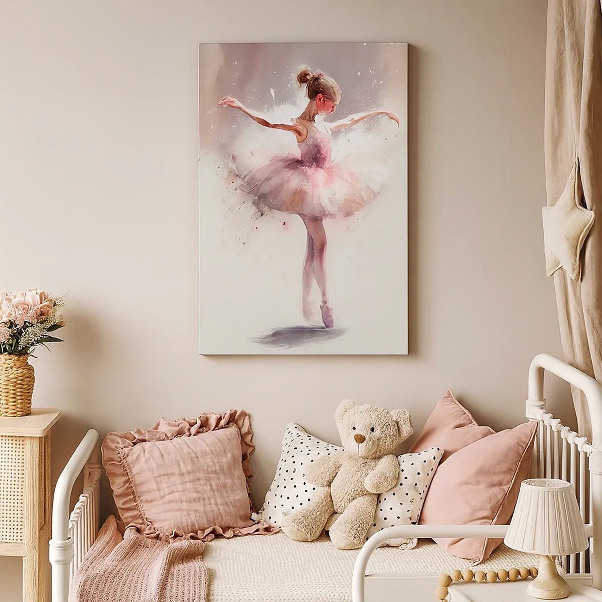 Obraz na płótnie - Baletnica w różowej sukience wirująca w tańcu - 50x70cm - Jak młody ptak - Nowoczesna dekoracja ścienna do salonu, kuchni i sypialni ARTTOR