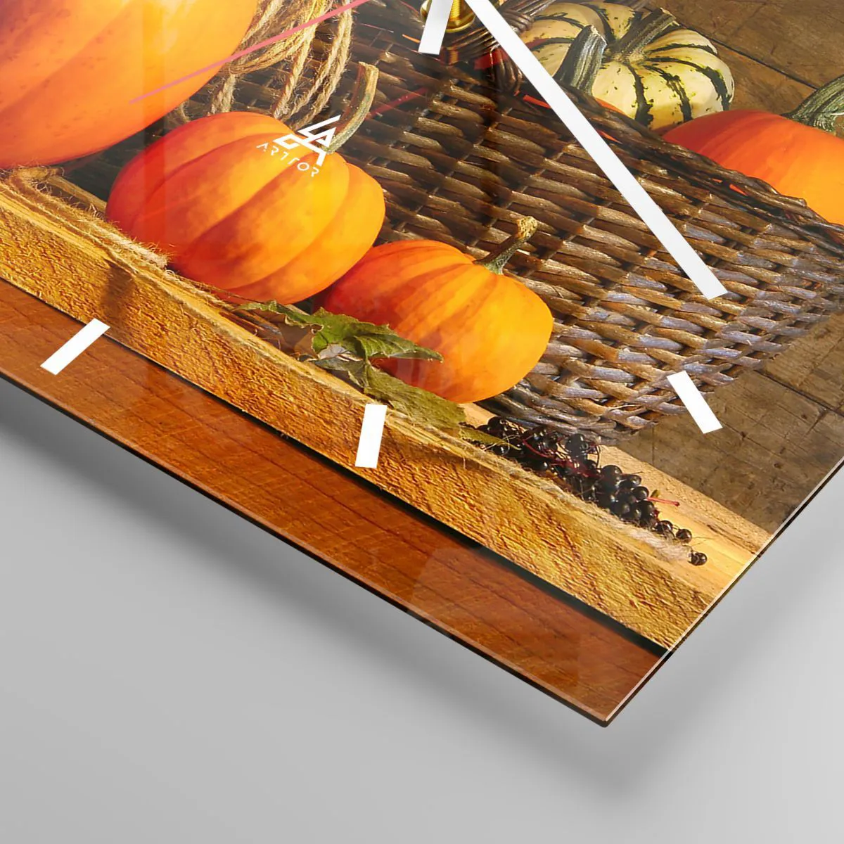 Väggklocka - Klocka på glas - Rustik komposition - höstens gåvor - 30x30 cm