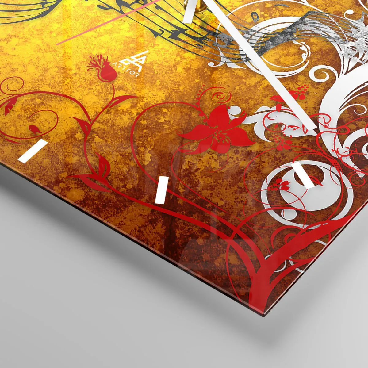 Wanduhr - Glasuhr - Abstrakte Musiknoten auf einem bunten Hintergrund mit Ornamenten - 30x30cm - Lass die Musik fließen - Moderne Wanddekoration für Wohnzimmer und Schlafzimmer ARTTOR