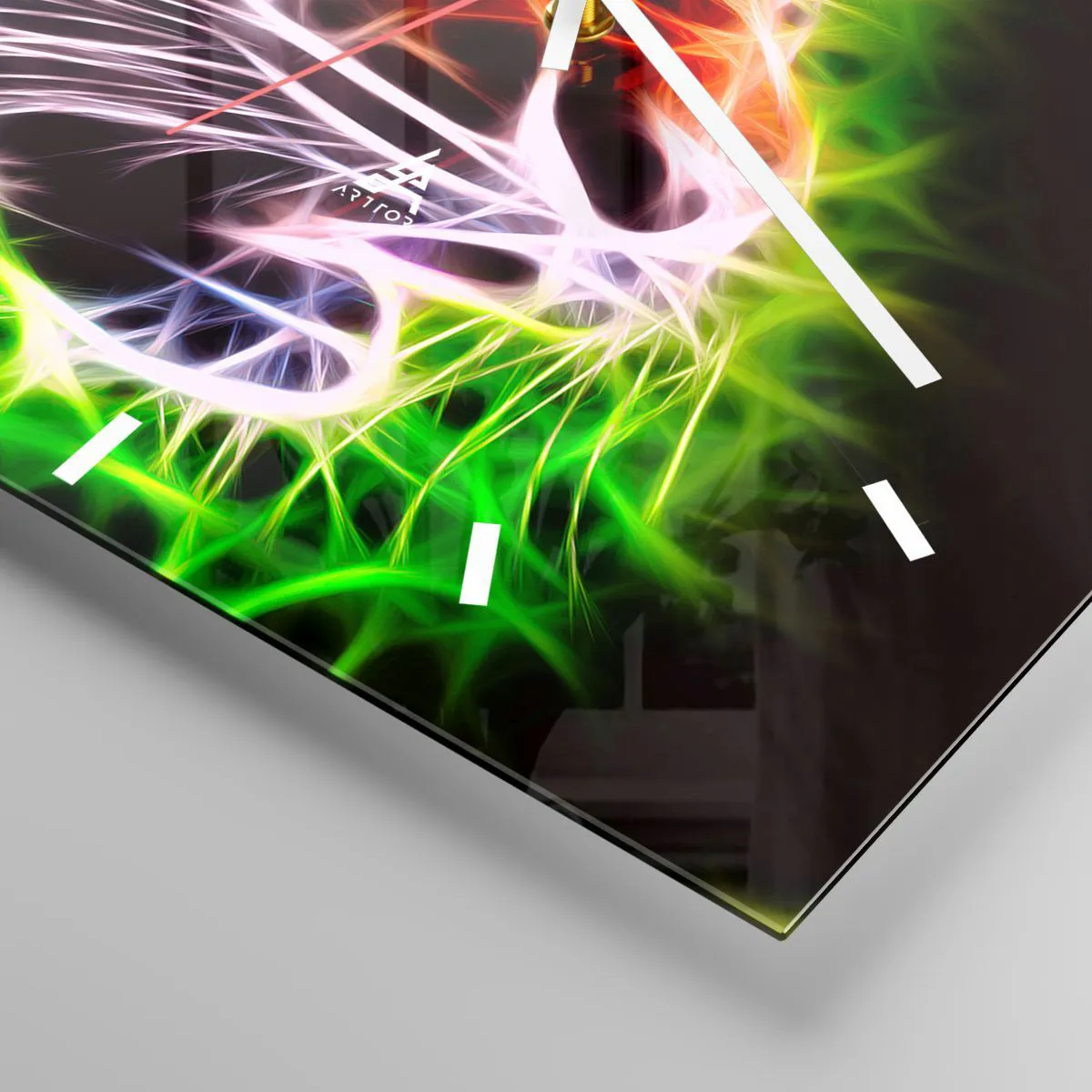 Wanduhr - Glasuhr - Farbenfrohes künstlerisches Porträt eines Tigers im Neonstil auf schwarzem Hintergrund. - 30x30cm - Schreckliche Aura - Moderne Wanddekoration für Wohnzimmer und Schlafzimmer ARTTOR