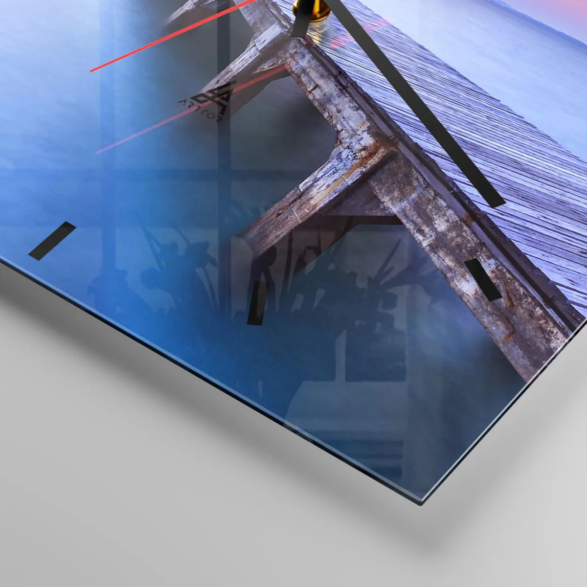 Reloj de pared - Reloj de vidrio - Muelle de madera que conduce al agua durante la puesta de sol. - 30x30cm - Un mar de calma hasta el horizonte - Decoración de pared moderna para salón y dormitorio ARTTOR