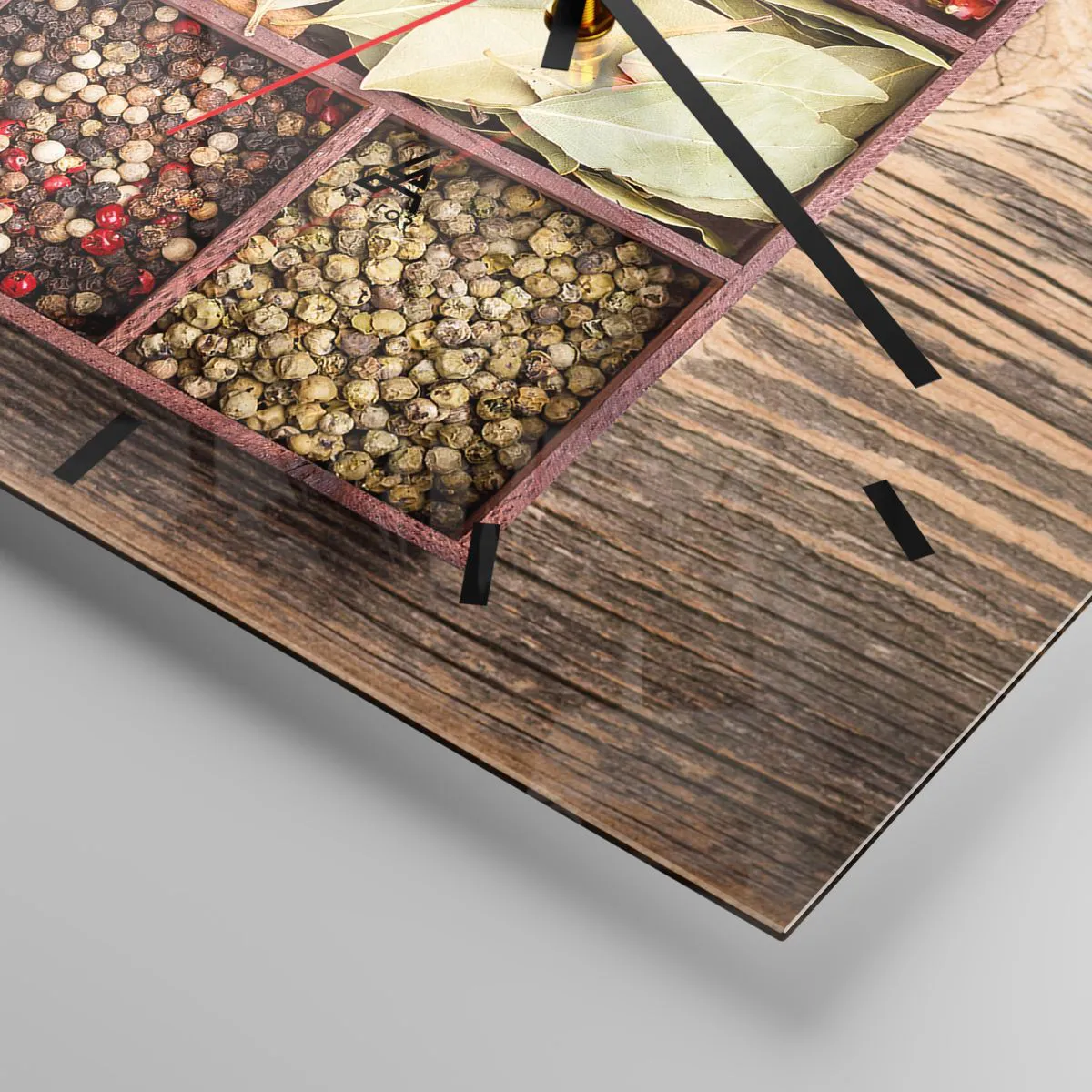 Reloj de pared - Reloj de vidrio - Caja de madera con varias especias en compartimentos. - 30x30cm - Orden de formas, composición de aromas - Decoración de pared moderna para salón y dormitorio ARTTOR