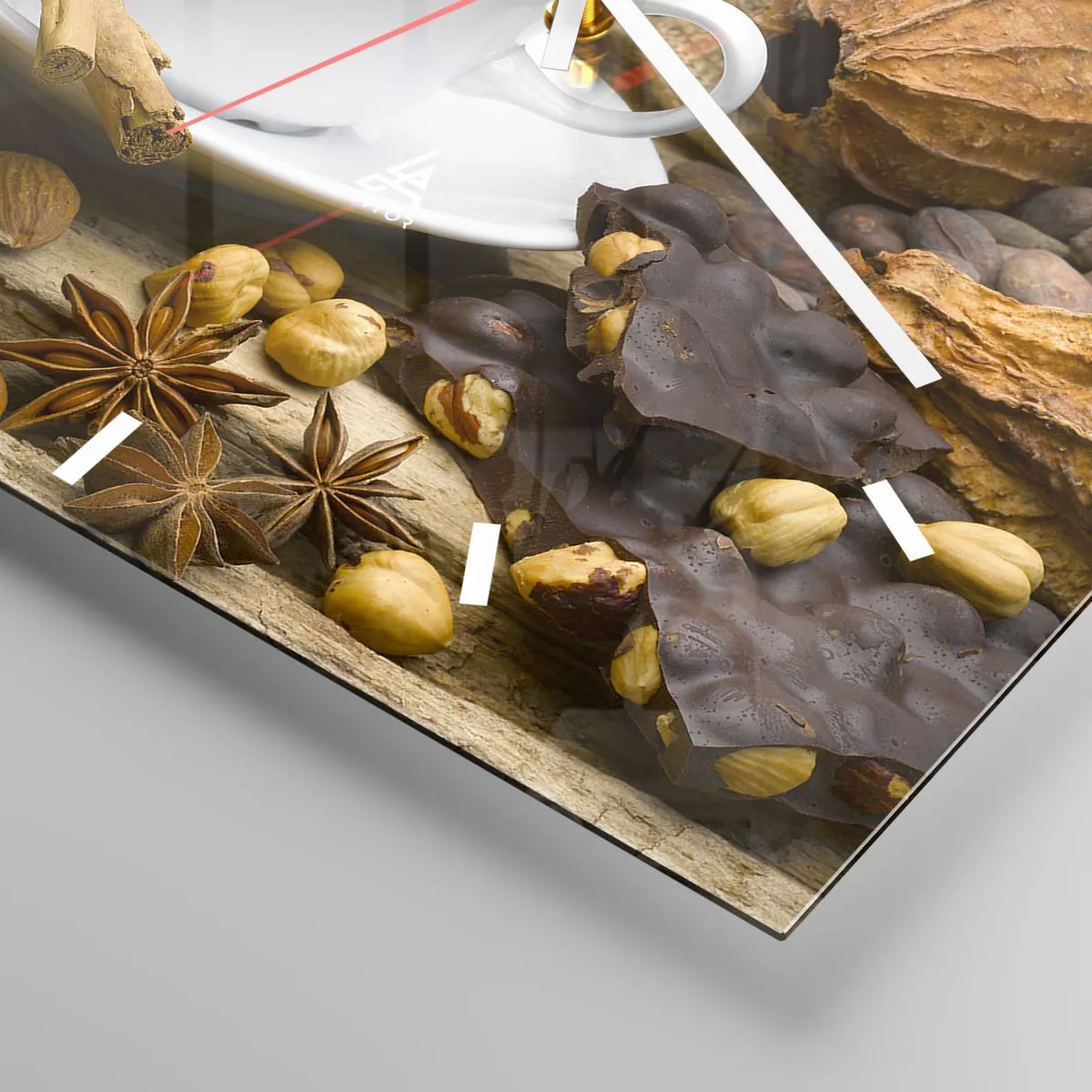 Wanduhr - Glasuhr - Eine Tasse heiße Schokolade, umgeben von Kakao und Zimt - 30x30cm - Für Nervenkitzel-Suchende - Moderne Wanddekoration für Wohnzimmer und Schlafzimmer ARTTOR