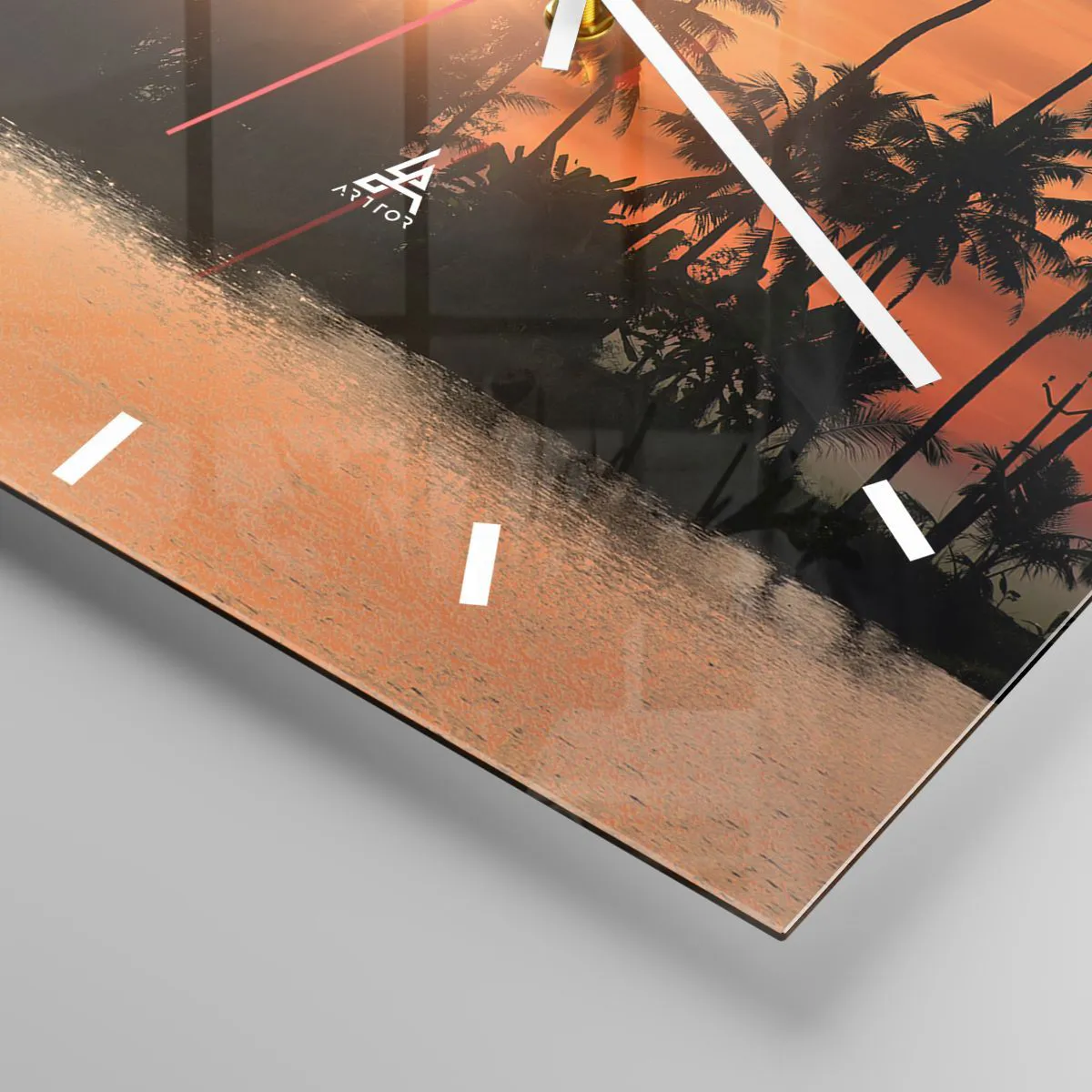 Zegar ścienny - Zachód słońca nad palmami i spokojnym jeziorem z łódką - 30x30cm - Czas na odpoczynek - Nowoczesna dekoracja ścienna do salonu i sypialni ARTTOR