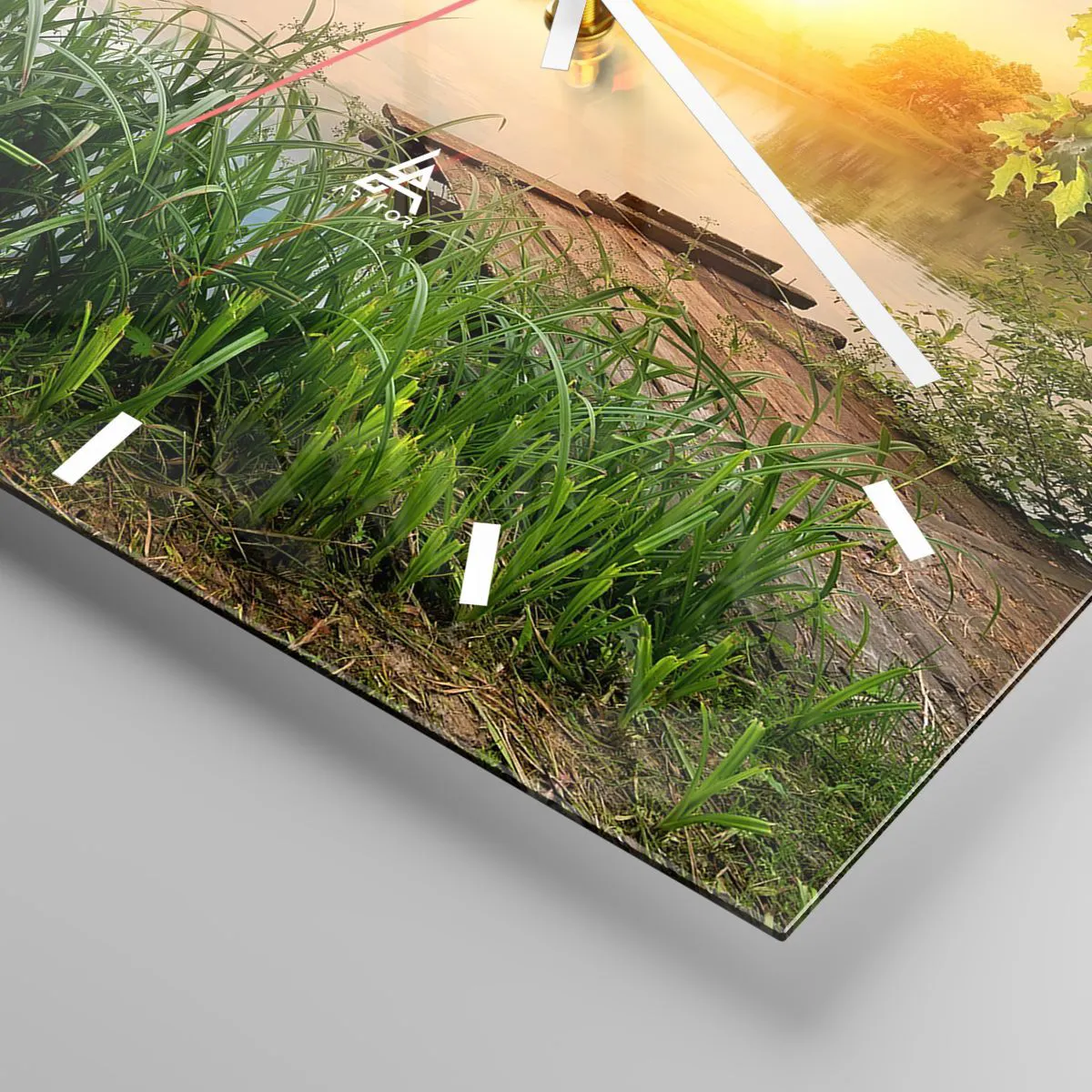 Ceas de perete - Ceas pe sticlă - Peisaj într-un cadru verde - 30x30 cm