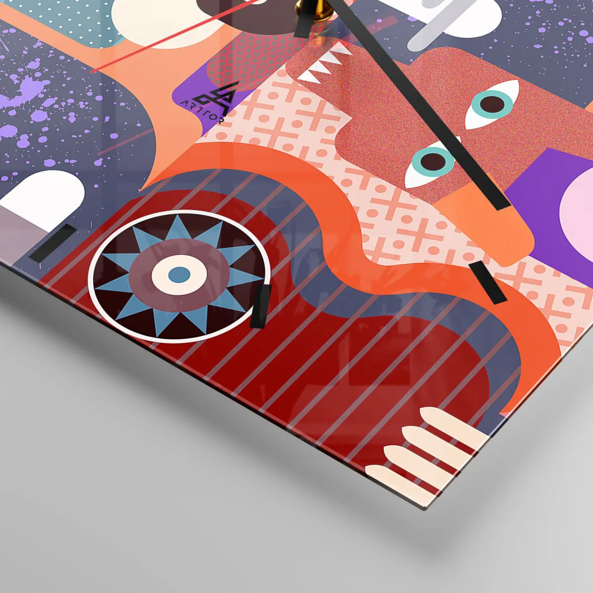 Wanduhr - Glasuhr - Abstrakte Figuren in lebendigen Farben - 30x30cm - Augenhöhe - Moderne Wanddekoration für Wohnzimmer und Schlafzimmer ARTTOR