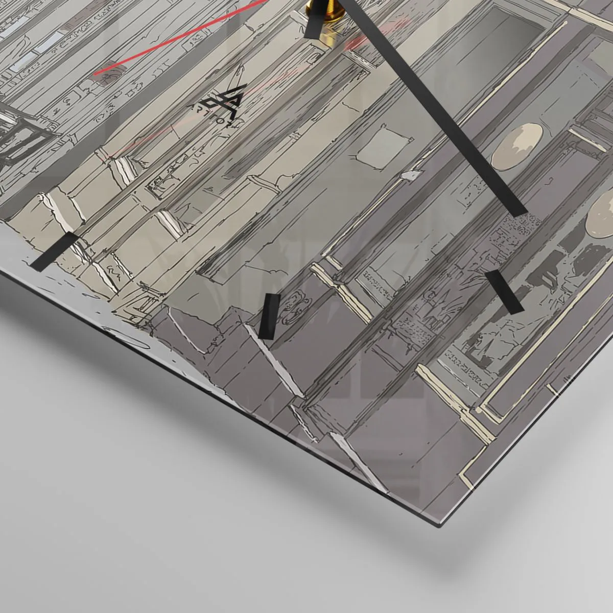 Reloj de pared - Reloj de vidrio - Ilustración de una calle de la ciudad con cafés y tiendas. - 30x30cm - Alegrías urbanas - Decoración de pared moderna para salón y dormitorio ARTTOR