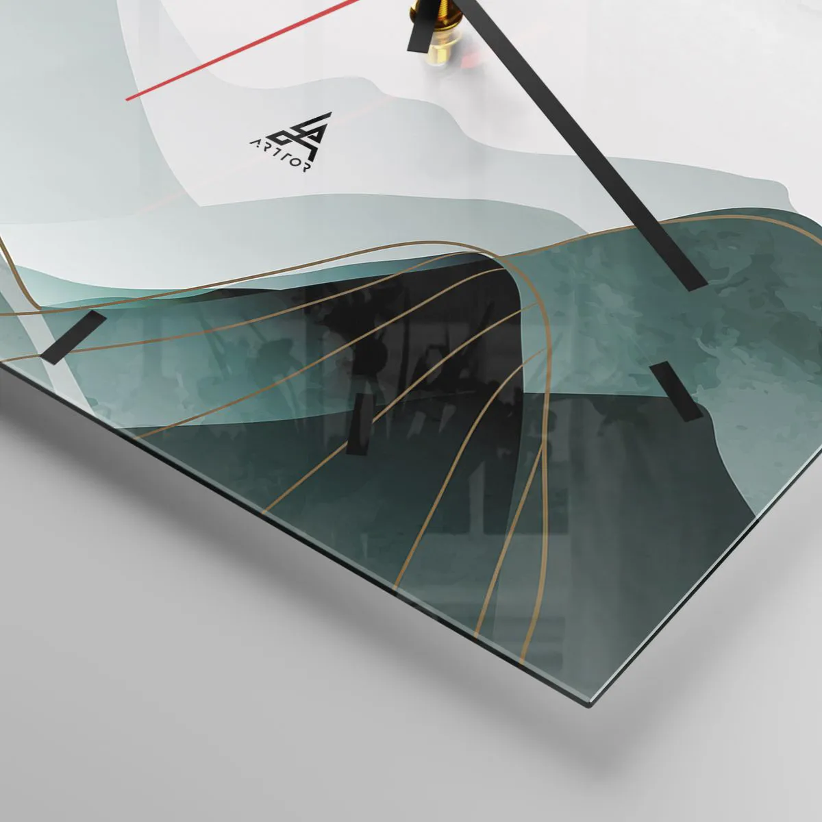 Reloj de pared - Reloj de vidrio - Paisaje montañoso abstracto con la luna y líneas doradas. - 30x30cm - Con toda la majestuosidad - Decoración de pared moderna para salón y dormitorio ARTTOR