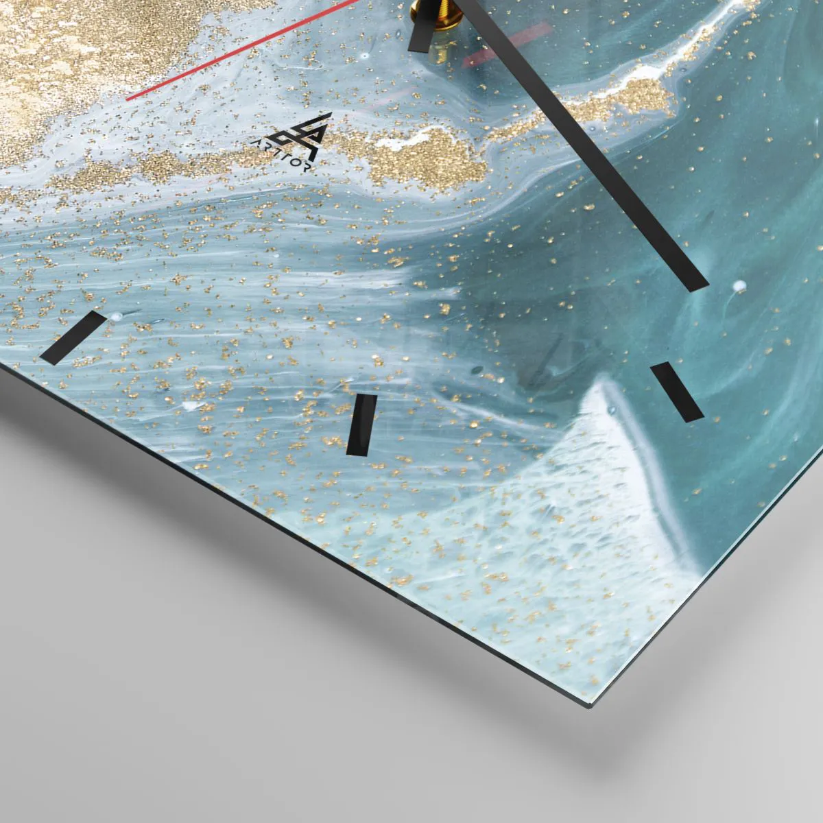 Relógio de parede - Relógio em vidro - Um vórtice de ouro e turquesa - 40x40 cm