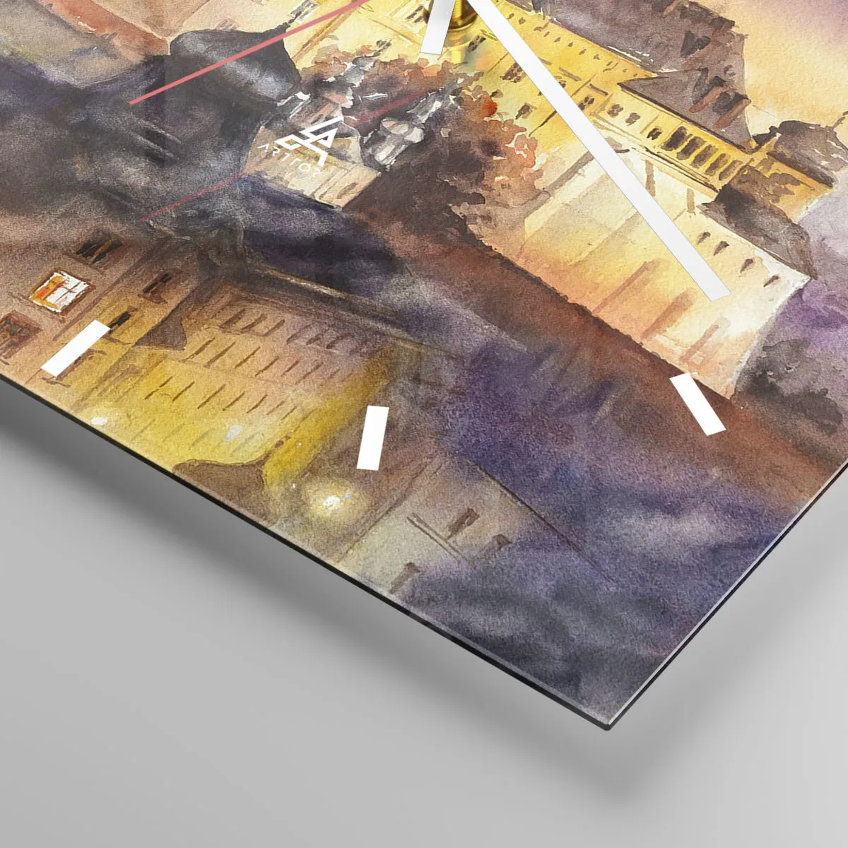 Reloj de pared - Reloj de vidrio - Una pintoresca pintura de acuarela de un castillo al atardecer. - 30x30cm - Una historia y un cuento - Decoración de pared moderna para salón y dormitorio ARTTOR