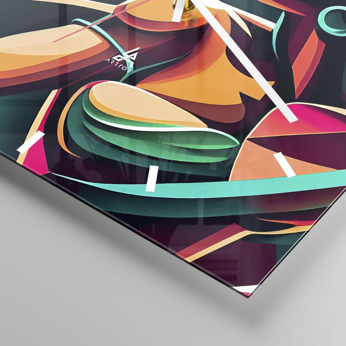 Wanduhr - Glasuhr - Ein stilisiertes Paar, das in leuchtenden, geometrischen Farben tanzt. - 30x30cm - Im Rhythmus des Herzens - Moderne Wanddekoration für Wohnzimmer und Schlafzimmer ARTTOR