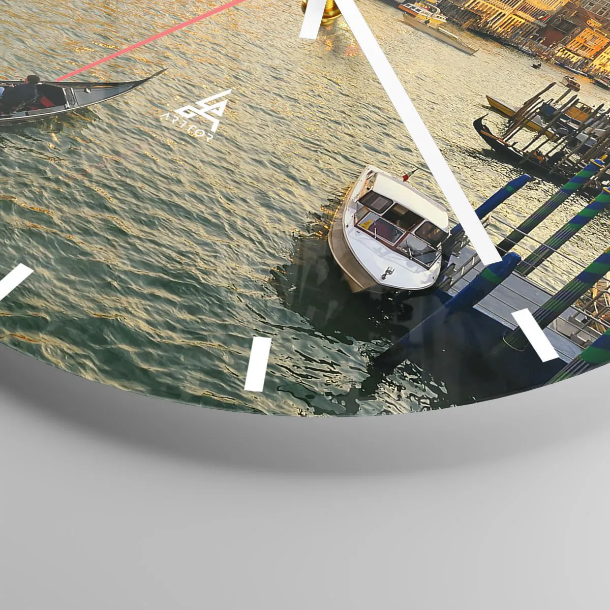 Wall clock - Clock on glass - A canal in Venice with gondolas and illuminated buildings - 30x30cm - On the Sunny side of a Street - Modern wall decoration for the living room, kitchen, and bedroom ARTTOR