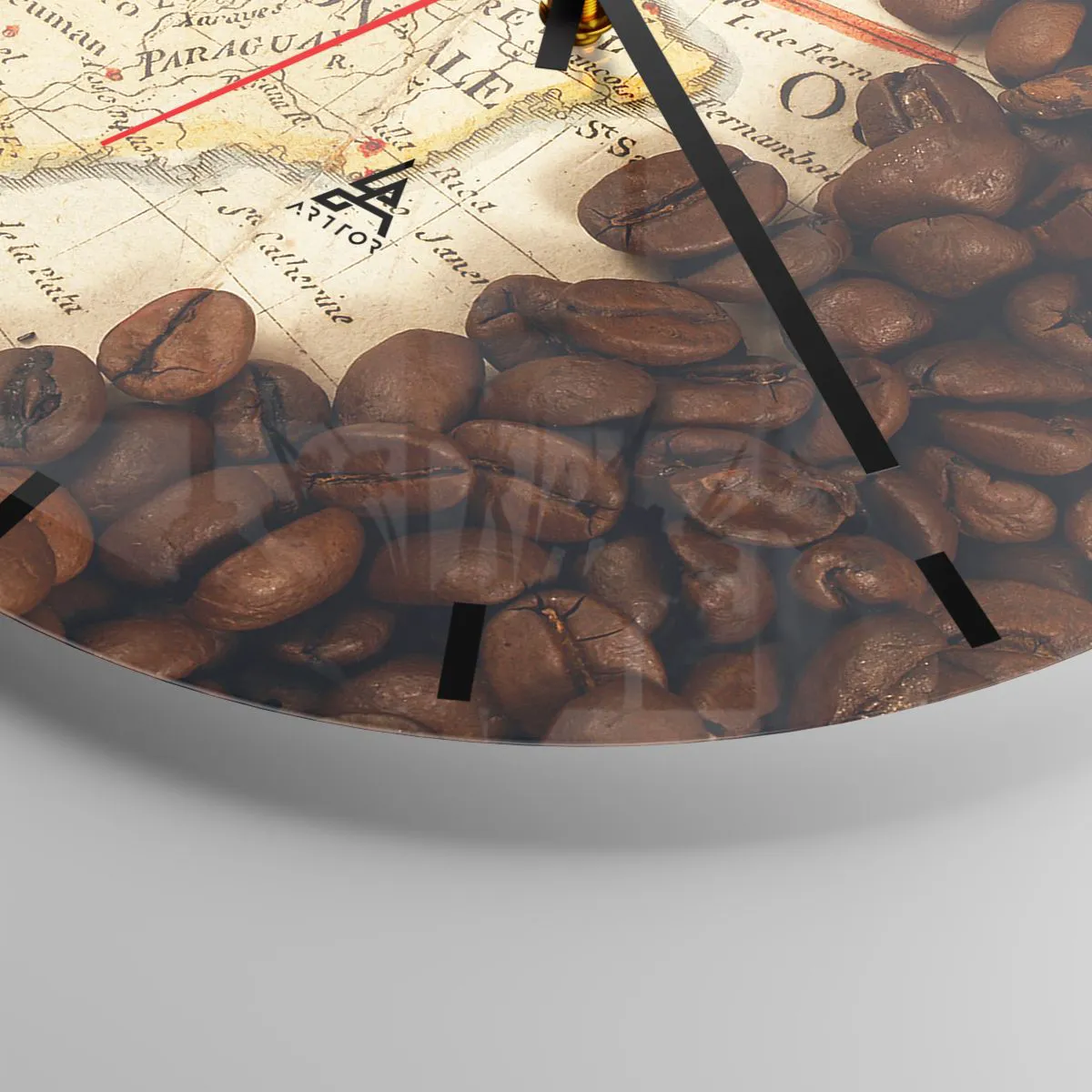 Wall clock - Clock on glass - Map of South America with coffee beans - 30x30cm - Where Does the Best Coffee Come from? - Modern wall decoration for the living room, kitchen, and bedroom ARTTOR