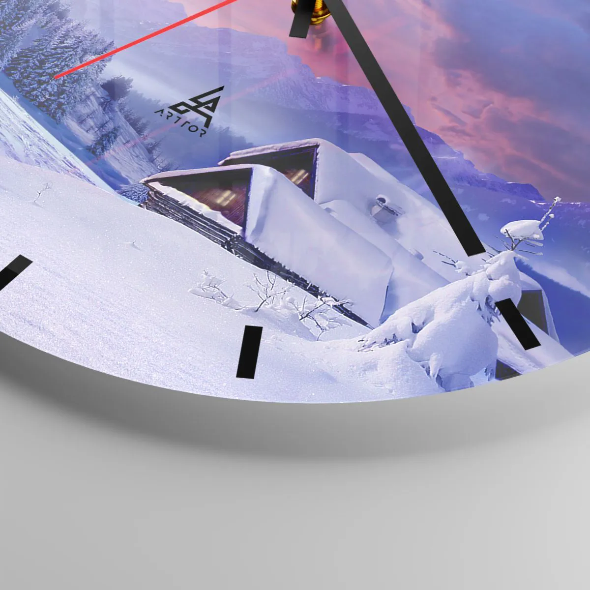 Ceas de perete - Ceas pe sticlă - Peisaj de iarnă cu o cabană în munți la apus - 30x30cm - Noapte liniștită - Decorațiune modernă pentru perete pentru living, bucătărie și dormitor ARTTOR