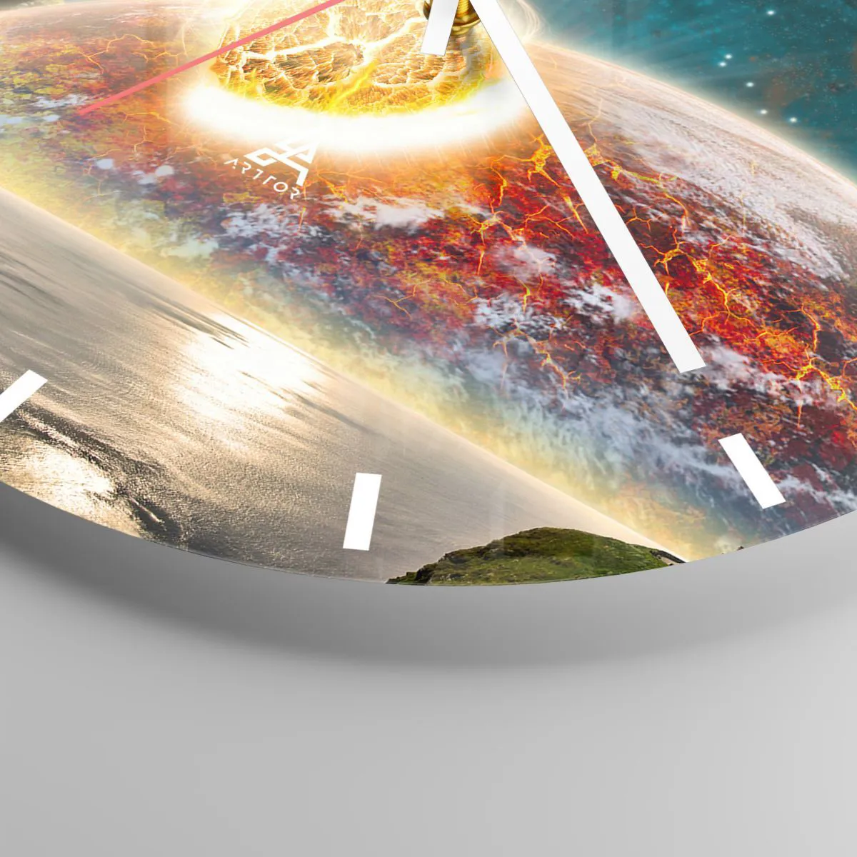 Ceas de perete - Ceas pe sticlă - Coliziunea unui asteroid cu Pământul în fundalul cosmic - 30x30cm - Drama spațială - Decorațiune modernă pentru perete pentru living, bucătărie și dormitor ARTTOR