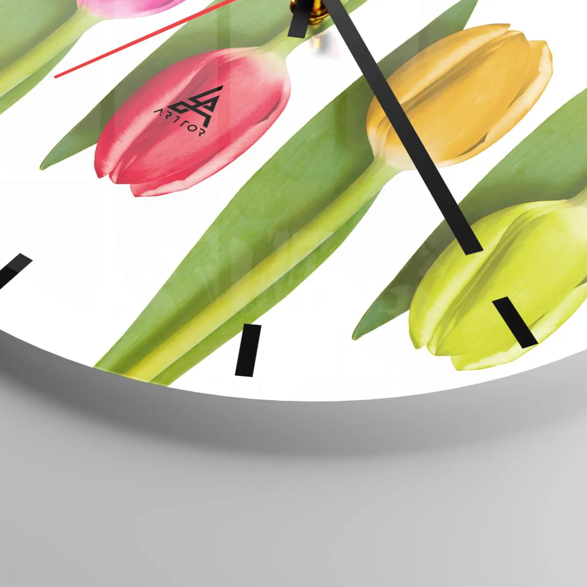 Ceas de perete - Ceas pe sticlă - Lalele colorate pe fundal alb - 30x30cm - Compoziție curcubeu - Decorațiune modernă pentru perete pentru living, bucătărie și dormitor ARTTOR