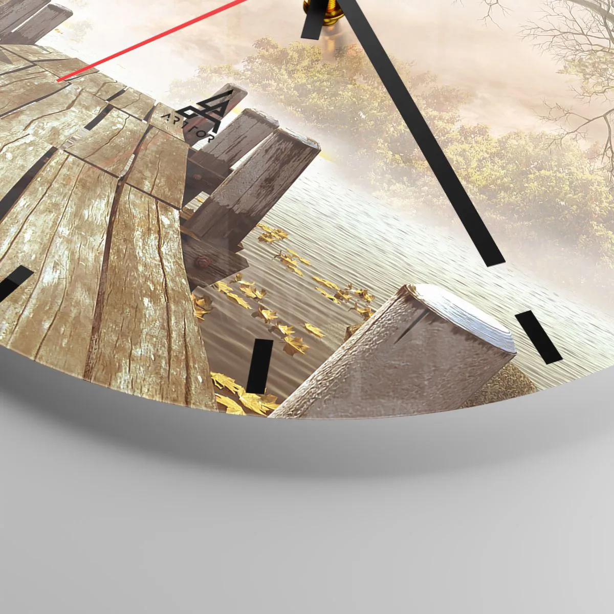 Wanduhr - Glasuhr - Ein Holzsteg an einem See, umgeben von Nebel und Bäumen - 30x30cm - Die milde Traurigkeit des Herbstes - Moderne Wanddekoration für Wohnzimmer, Küche und Schlafzimmer ARTTOR