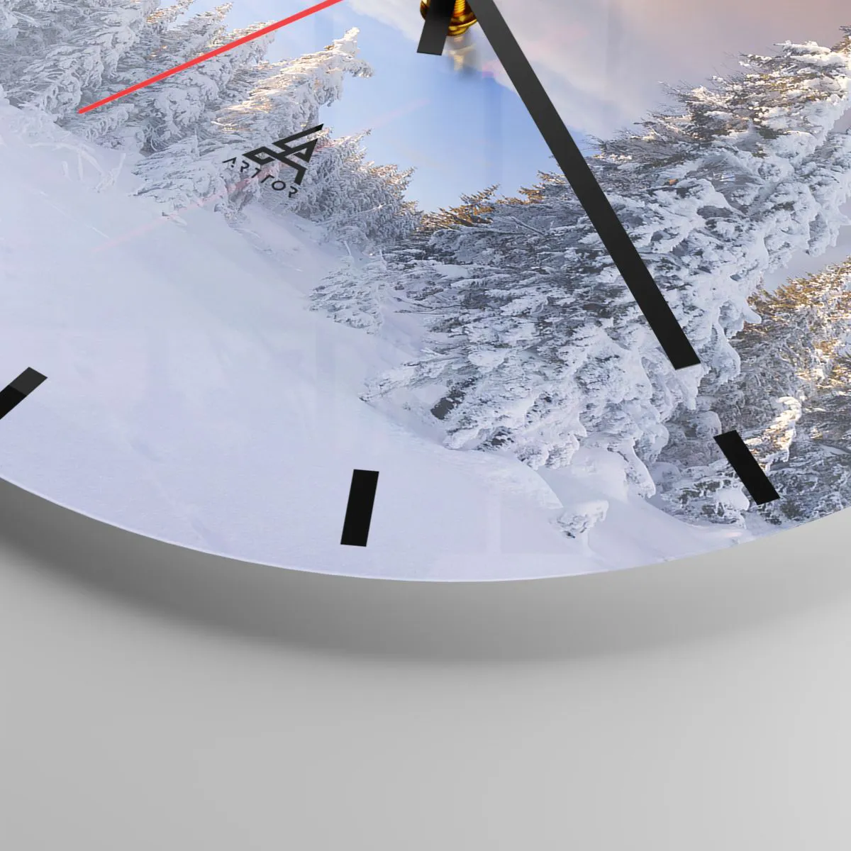 Wall clock - Clock on glass - Winter landscape with snow-covered trees and the setting sun - 30x30cm - Snowy Spectacle of Nature - Modern wall decoration for the living room, kitchen, and bedroom ARTTOR