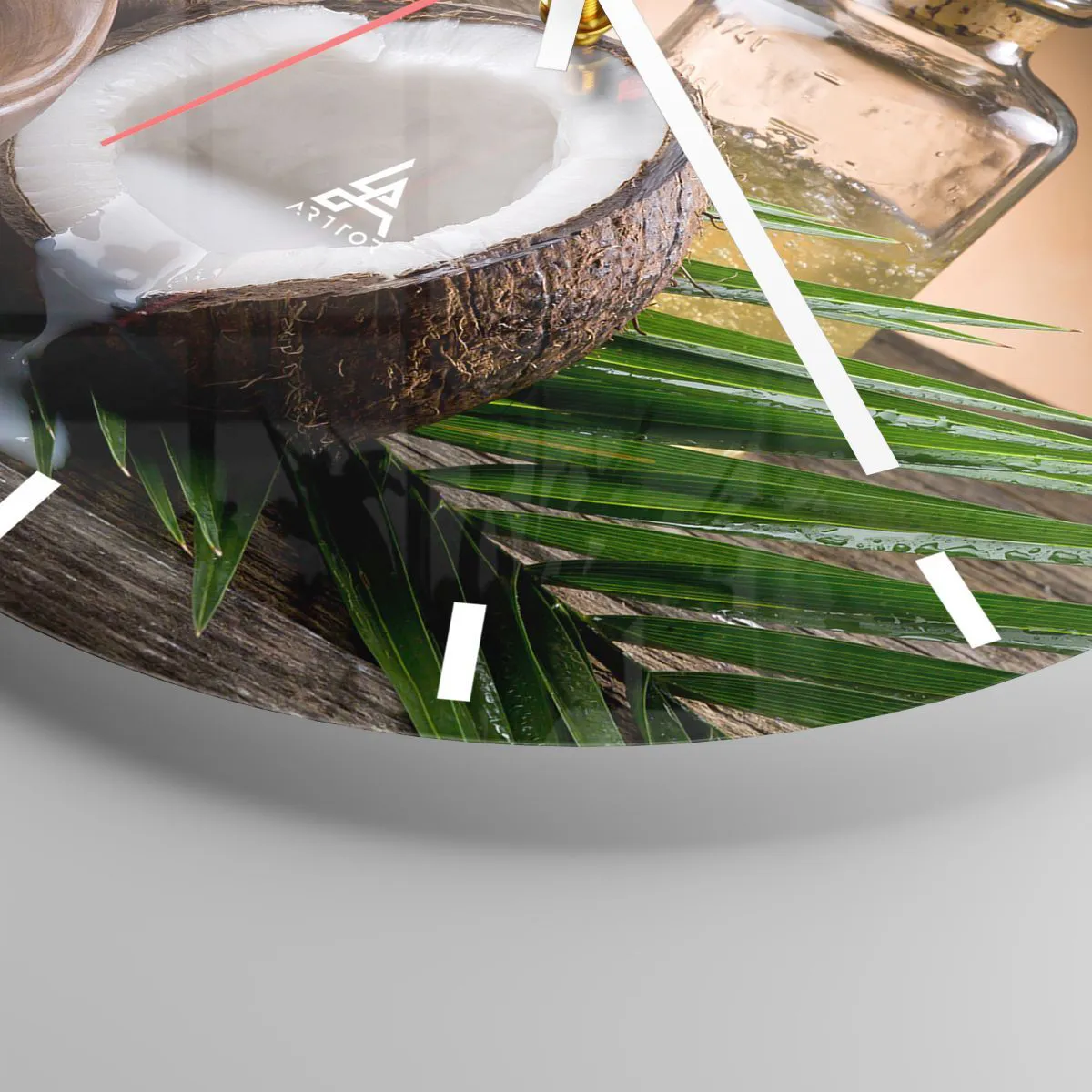 Väggklocka - Klocka på glas - Delad kokosnöt med mjölk och tropiska tillbehör - 30x30cm - Hälsa från tropiska öar - Modern väggdekoration för vardagsrum, kök och sovrum ARTTOR