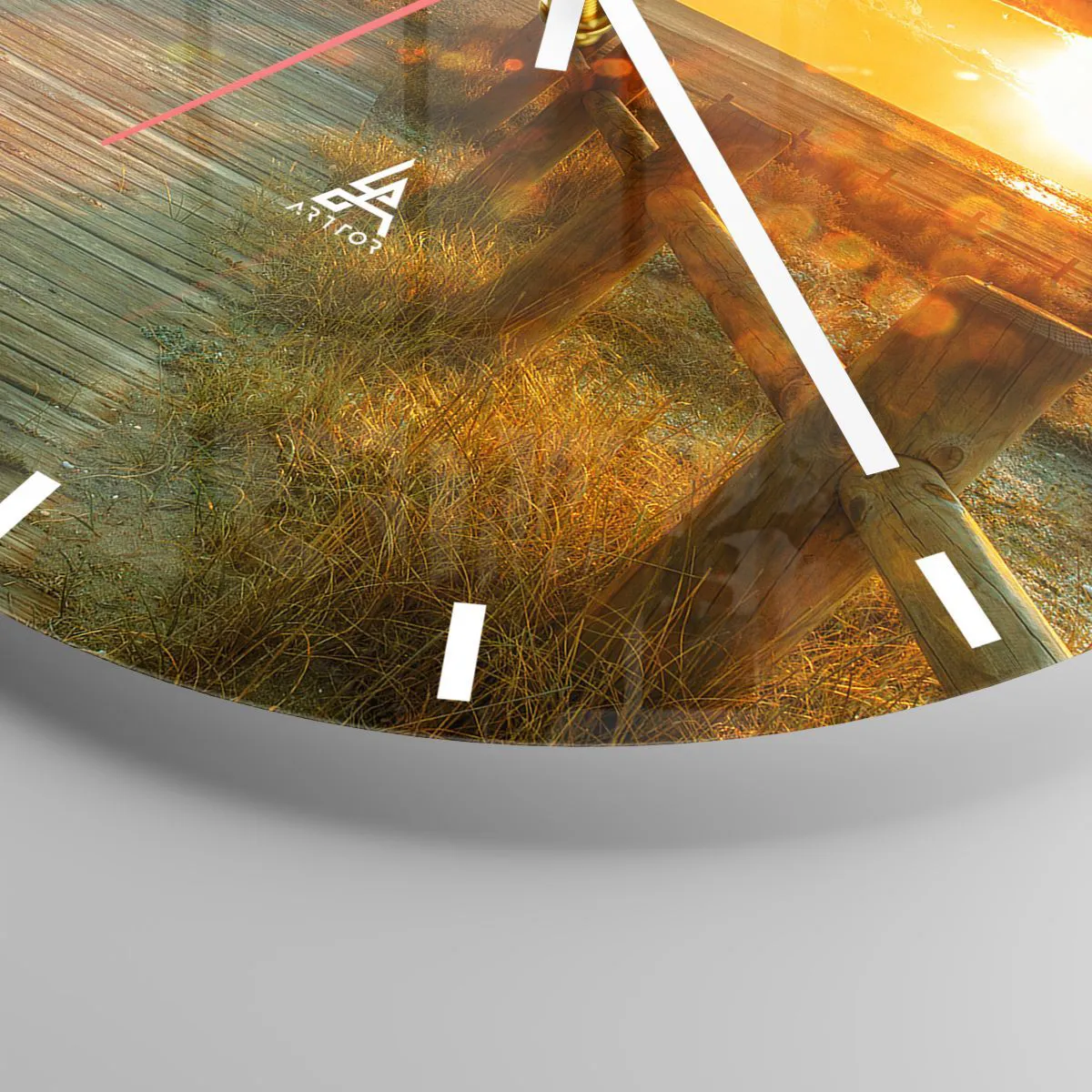 Väggklocka - Klocka på glas - Solnedgång över trästigen - 30x30cm - Doppade i gammalt guld - Modern väggdekoration för vardagsrum, kök och sovrum ARTTOR