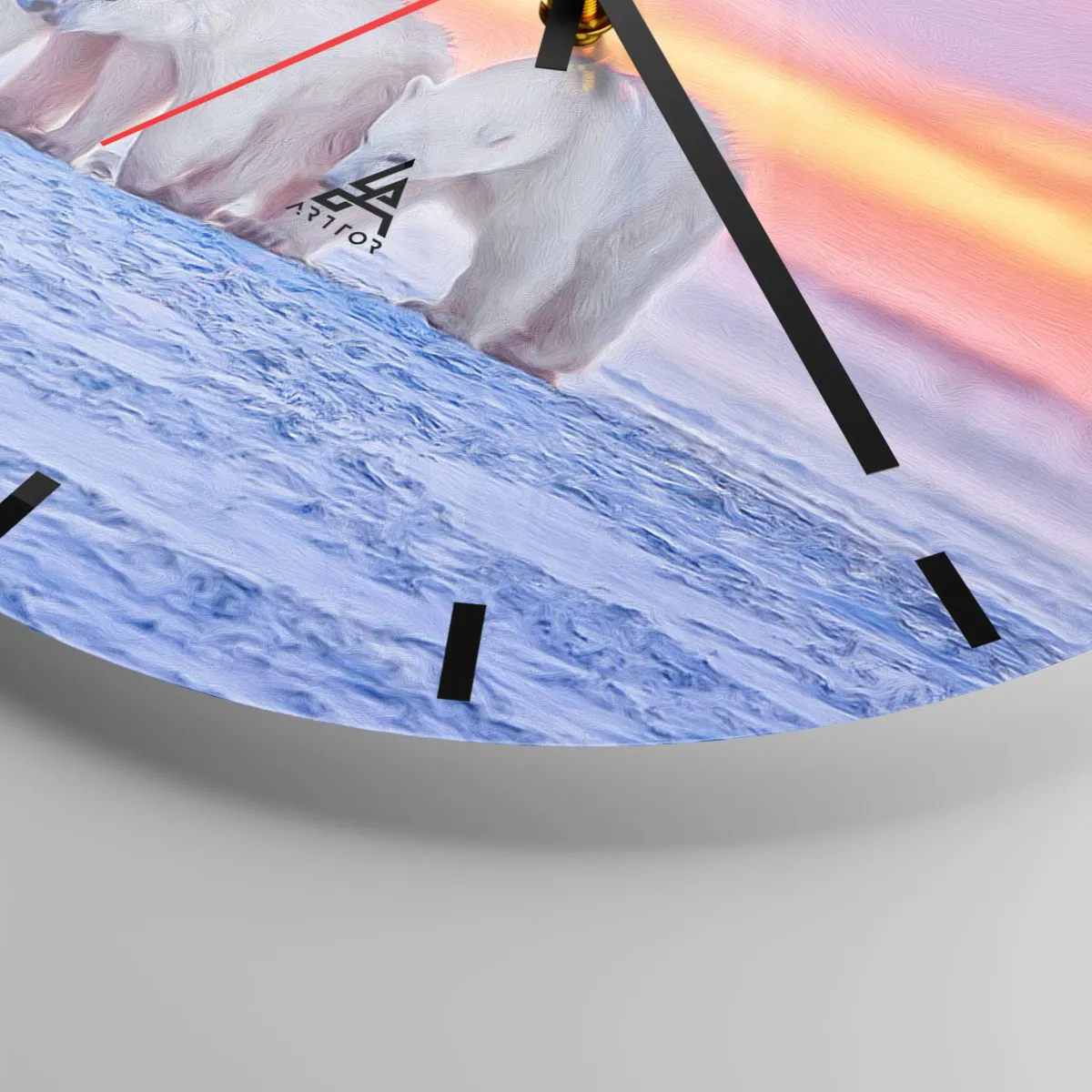 Nástěnné hodiny - Tři lední medvědi ve sněhu při západu slunce - 30x30cm - Stačí rodinné teplo - Moderní nástěnná dekorace do obývacího pokoje, kuchyně a ložnice ARTTOR