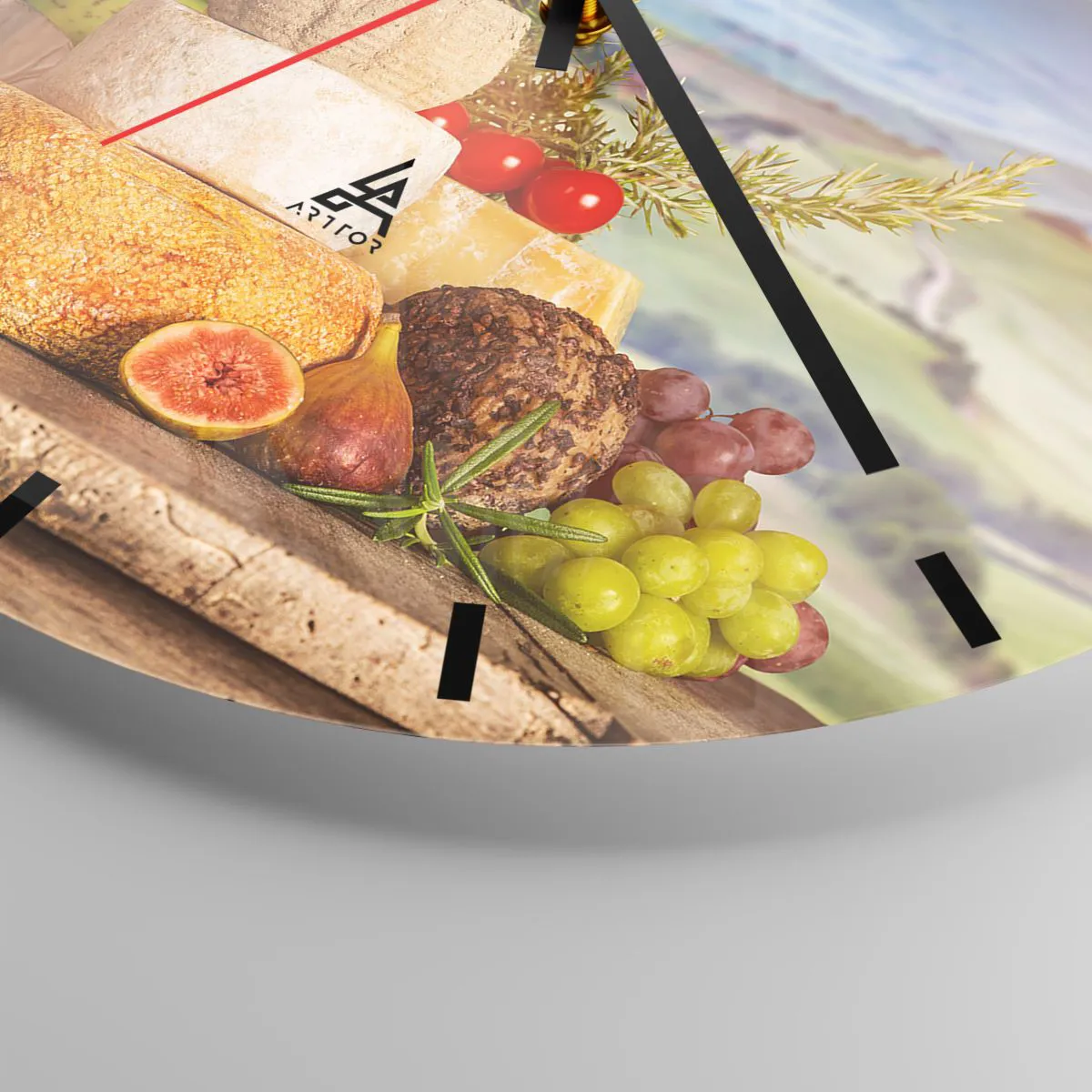 Ceas de perete - Ceas pe sticlă - Platou de brânzeturi cu garnituri pe un fundal peisagistic - 30x30cm - Bucurie de viață în stil italian - Decorațiune modernă pentru perete pentru living, bucătărie și dormitor ARTTOR