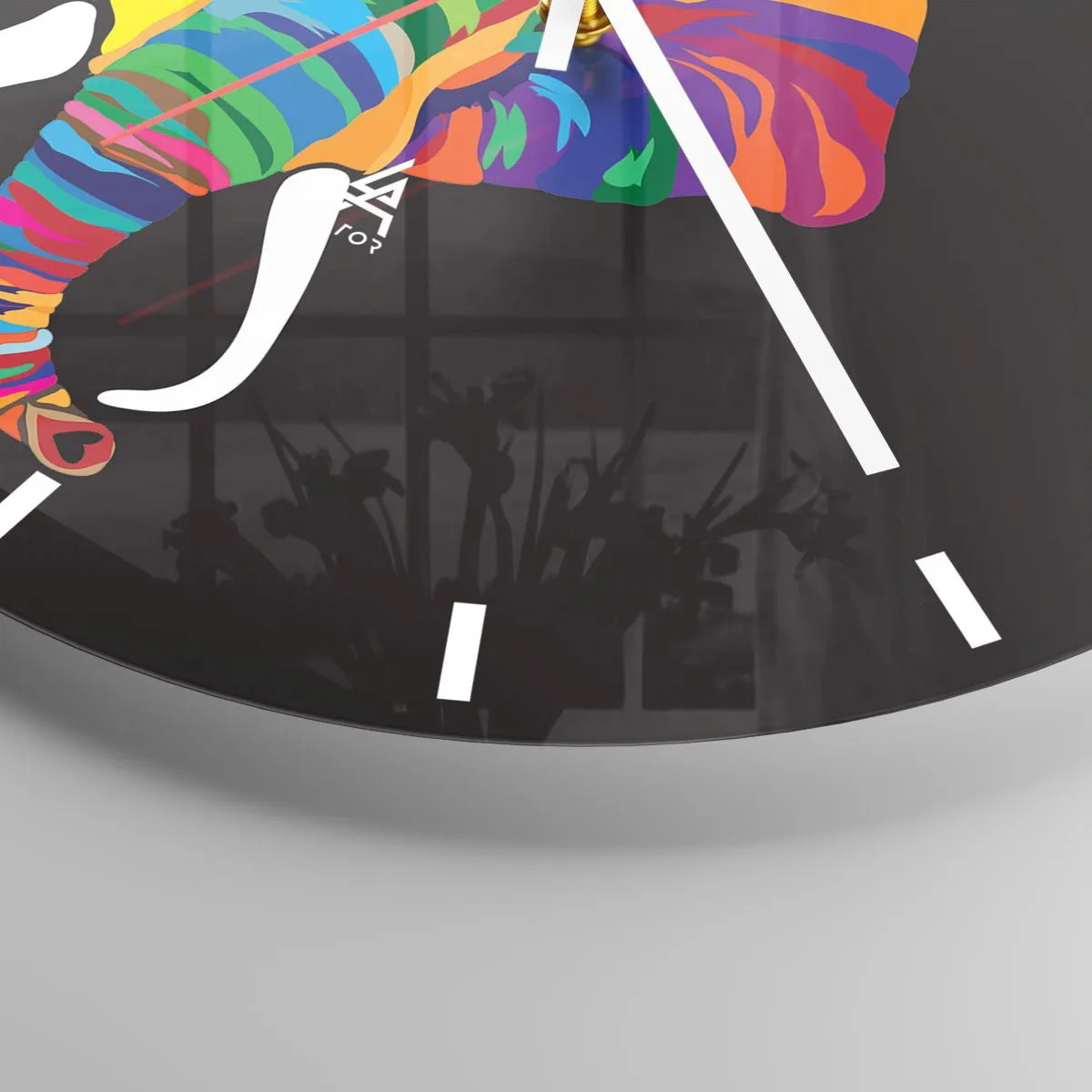 Wall clock - Clock on glass - Colorful elephant on a black background - 30x30cm - Elephant That Enjoyed Rainbow Bath - Modern wall decoration for the living room, kitchen, and bedroom ARTTOR