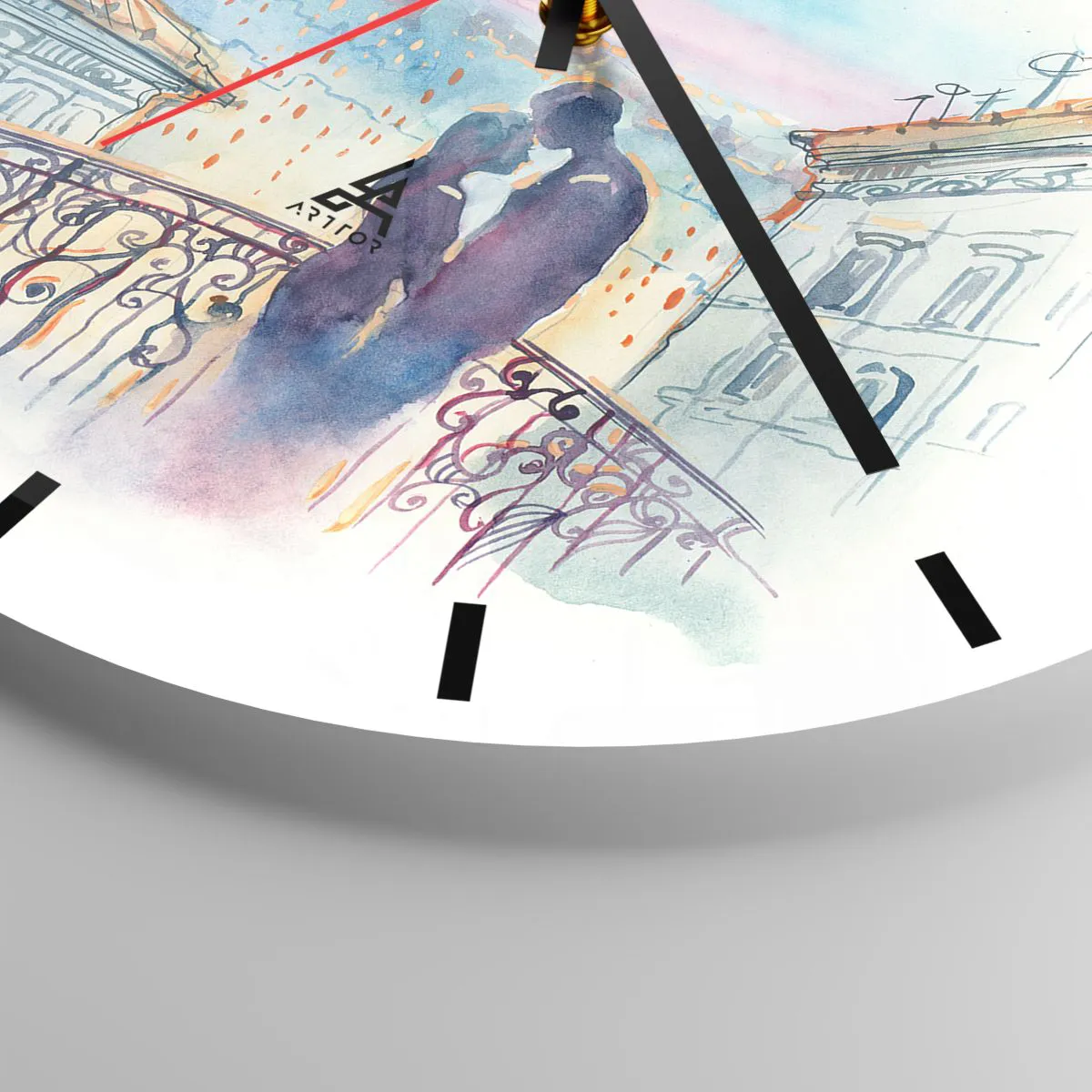 Vægur, Uret - Romantisk par på en balkon med udsigt over byen - 30x30cm - Parisiske elskere - Moderne vægdekoration til stue, køkken og soveværelse ARTTOR