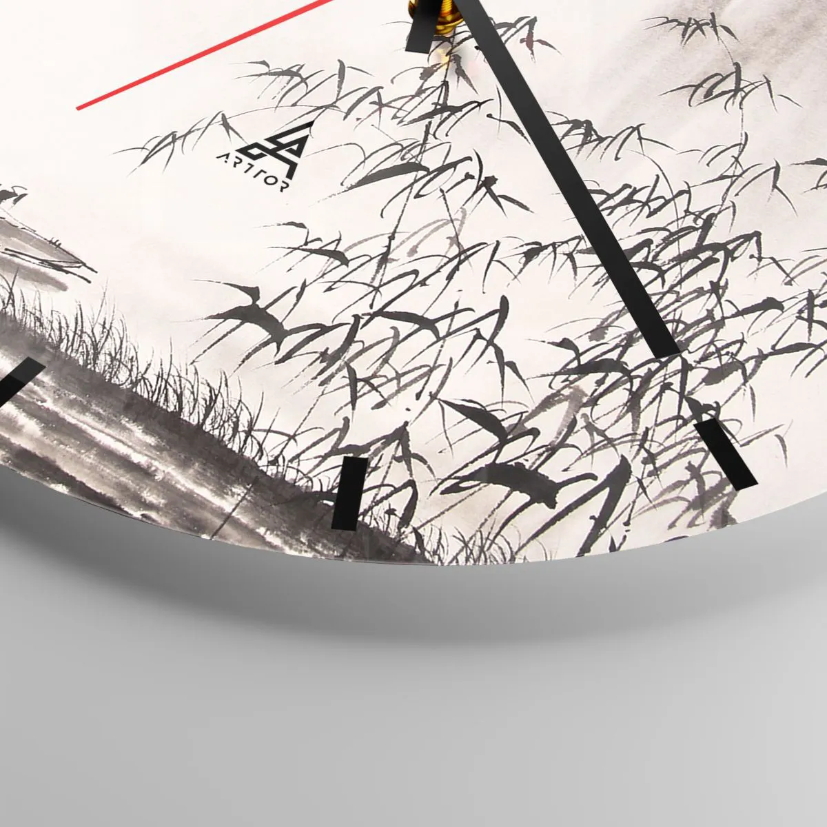 Nástenné hodiny - Minimalistická krajina s bambusom, loďkou a vtákmi v čiernobielej farbe. - 30x30cm - Pokoj ryžových polí - Moderná nástenná dekorácia do obývacej izby, kuchyne a spálne ARTTOR