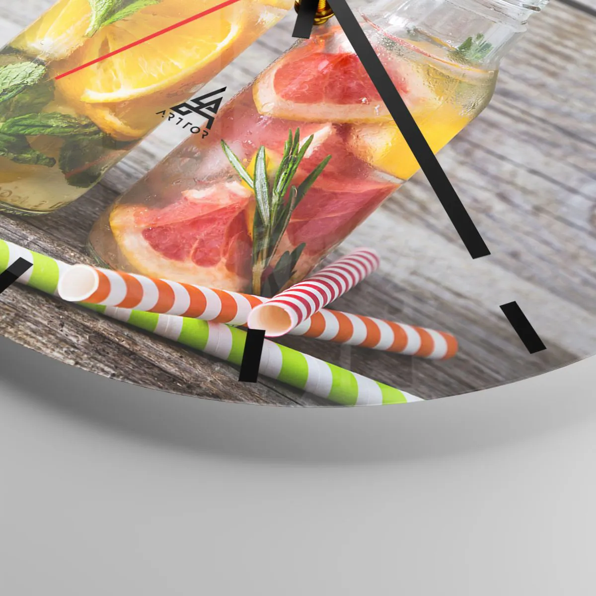Nástěnné hodiny - Tři lahve vody s ovocnou a bylinkovou příchutí - 30x30cm - Zdravé od přírody - Moderní nástěnná dekorace do obývacího pokoje, kuchyně a ložnice ARTTOR