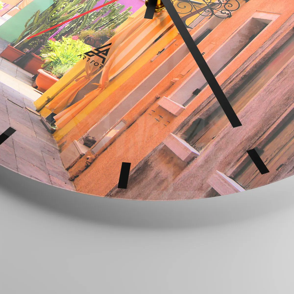 Wanduhr - Glasuhr - Ein Zifferblatt mit dem Motiv einer bunten Straße voller regenbogenfarbener Gebäude - 30x30cm - Regenbogengasse - Moderne Wanddekoration für Wohnzimmer, Küche und Schlafzimmer ARTTOR