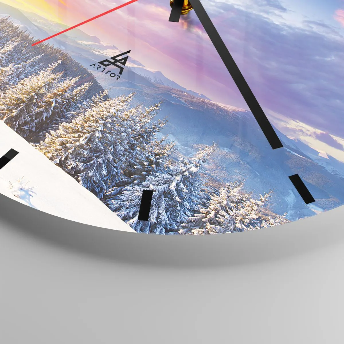 Wall clock - Clock on glass - Clock face with a winter landscape and the setting sun - 30x30cm - In Plain Daylight - Modern wall decoration for the living room, kitchen, and bedroom ARTTOR