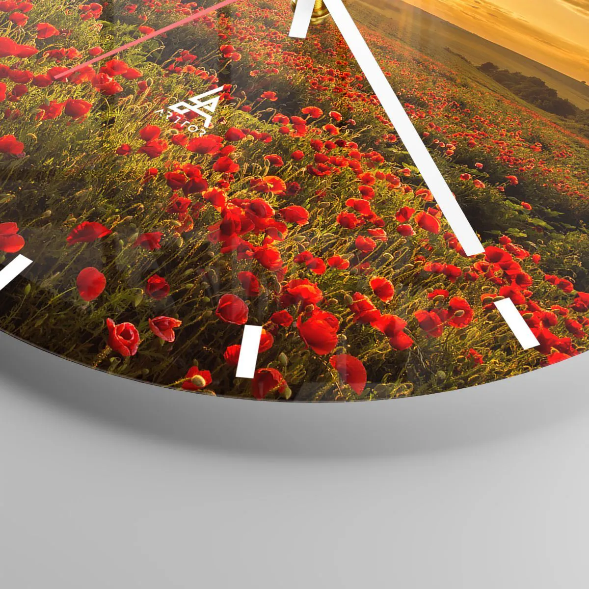 Nástěnné hodiny - Pole červených máků při západu slunce - 30x30cm - Mezi vlnami šumících luk, mezi záplavou květů - Moderní nástěnná dekorace do obývacího pokoje, kuchyně a ložnice ARTTOR