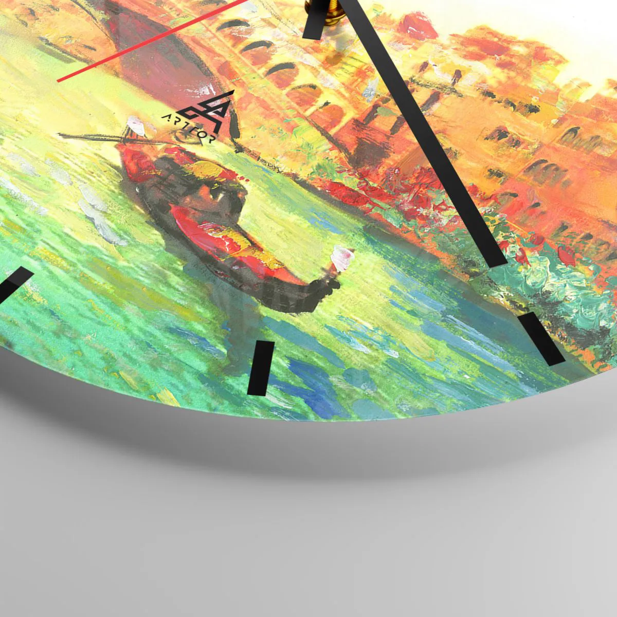 Relógio de parede - Relógio em vidro - Uma cena com uma gôndola tendo como pano de fundo uma ponte em cores douradas - 30x30cm - Romaria dos amantes - Decoração de parede moderna para a sala de estar, cozinha e quarto ARTTOR