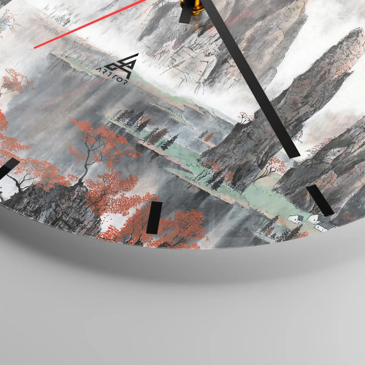 Wall clock - Clock on glass - Traditional mountain landscape with fog and red trees - 30x30cm - Giant Wardens - Modern wall decoration for the living room, kitchen, and bedroom ARTTOR