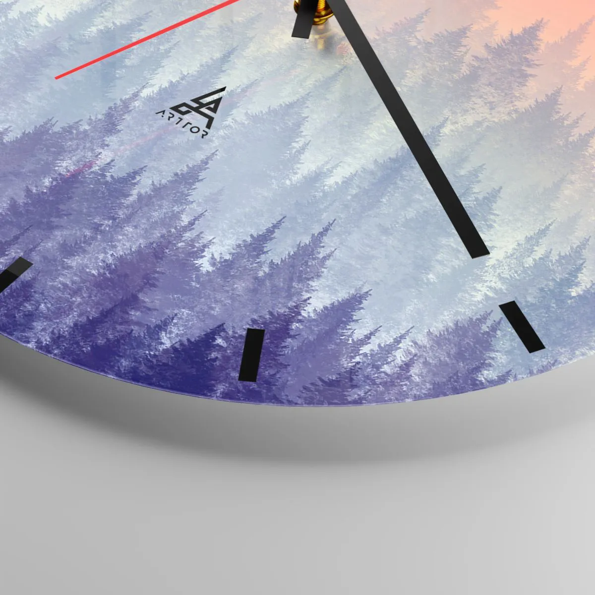 Vægur, Uret - Skov ved solopgang i pastelfarver - 30x30cm - Højt, højere, til himlen - Moderne vægdekoration til stue, køkken og soveværelse ARTTOR