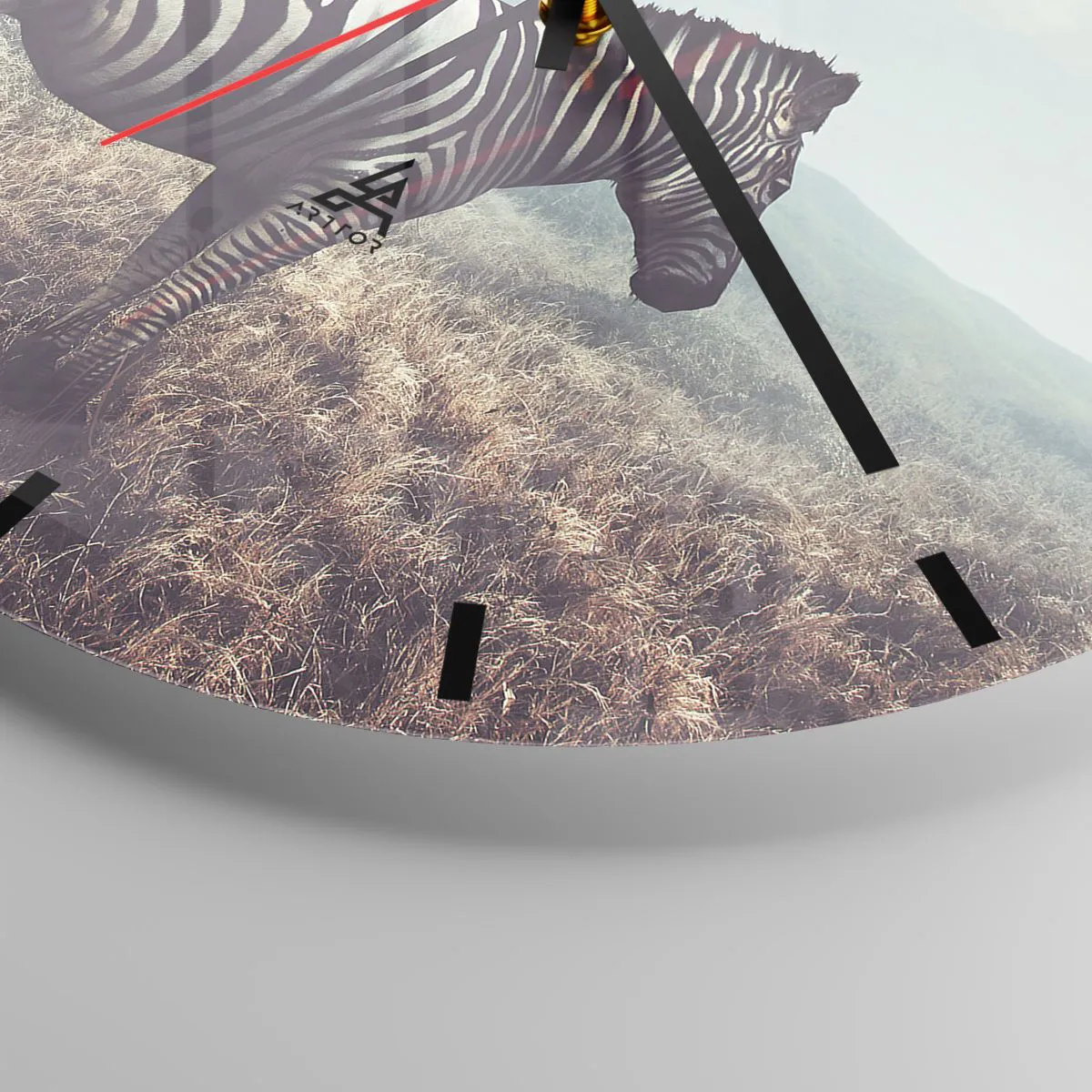 Ceas de perete - Ceas pe sticlă - O zebră într-un cadru natural pe fundalul savanei - 30x30cm - Atenție! Defecțiune - Decorațiune modernă pentru perete pentru living, bucătărie și dormitor ARTTOR